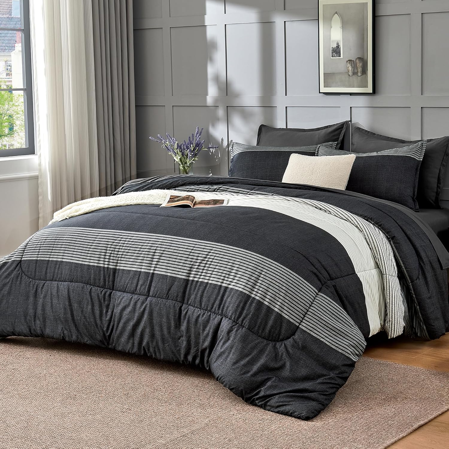 Andency Queen Comforter Set 7 Pieces Bed in a Bag - Black White Grey Striped Lightweight Soft Microfiber All Season Queen Size Bedding Set with Comforter, Fitted & Flat Sheet, Pillowcases & Shams