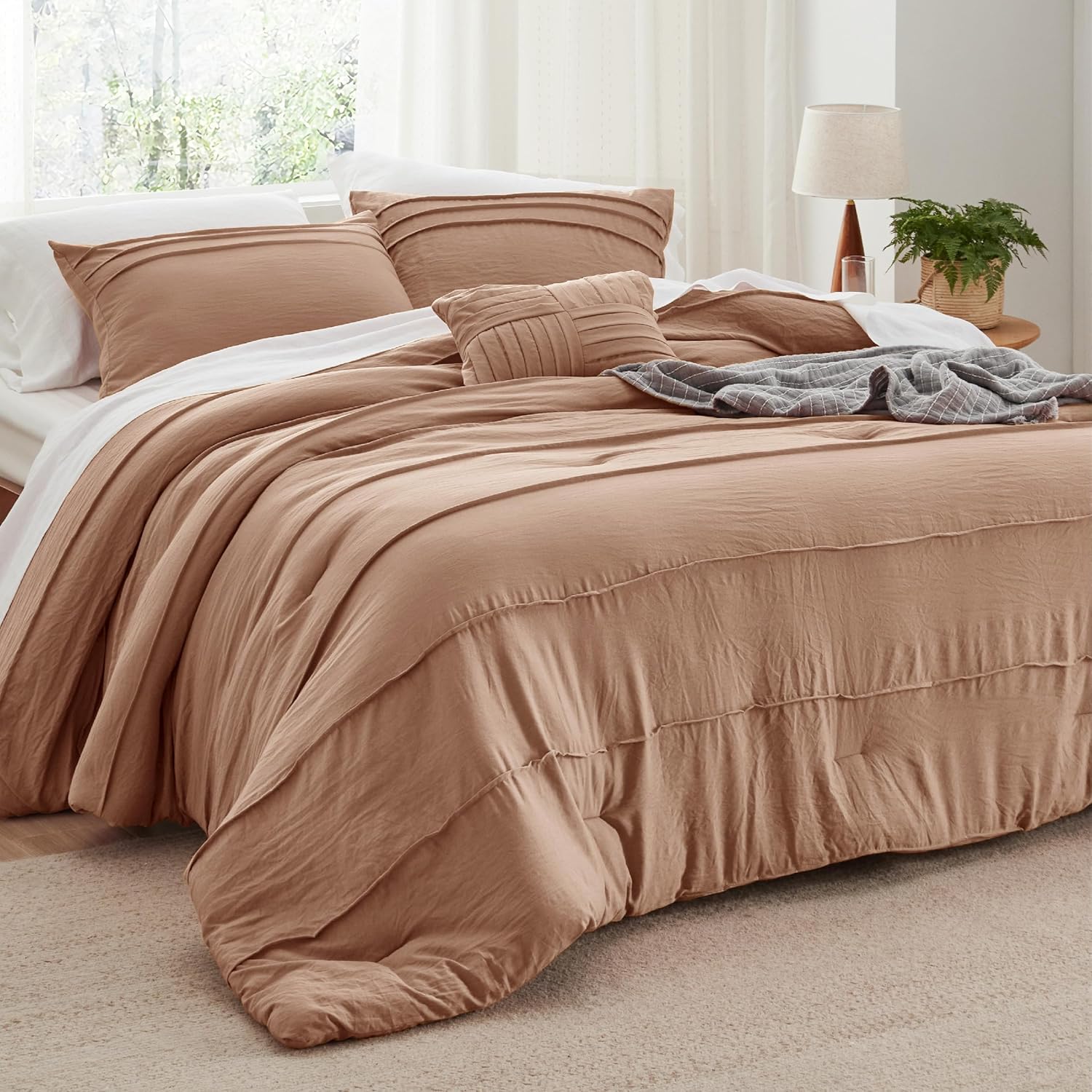 Bedsure Queen Comforter Set - 4 Pieces Pinch Pleat Bed Set, Beige Boho Bedding for All Season, 1 Soft Comforter, 2 Pillowcases, 1 Decorative Pillow - Image 27