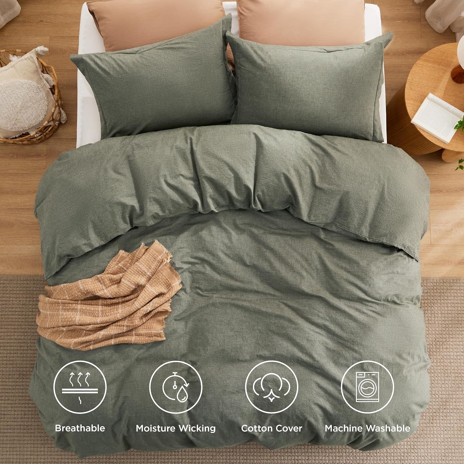 Bedsure Comforter Set Queen Size Grayish Olive Green - Cotton Fabric with Microfiber Inner Fill, Queen Comforter Set for All Seasons, 3 Pieces, 1 Comforter (90"x90") and 2 Pillow Cases (20"x26") - Image 4