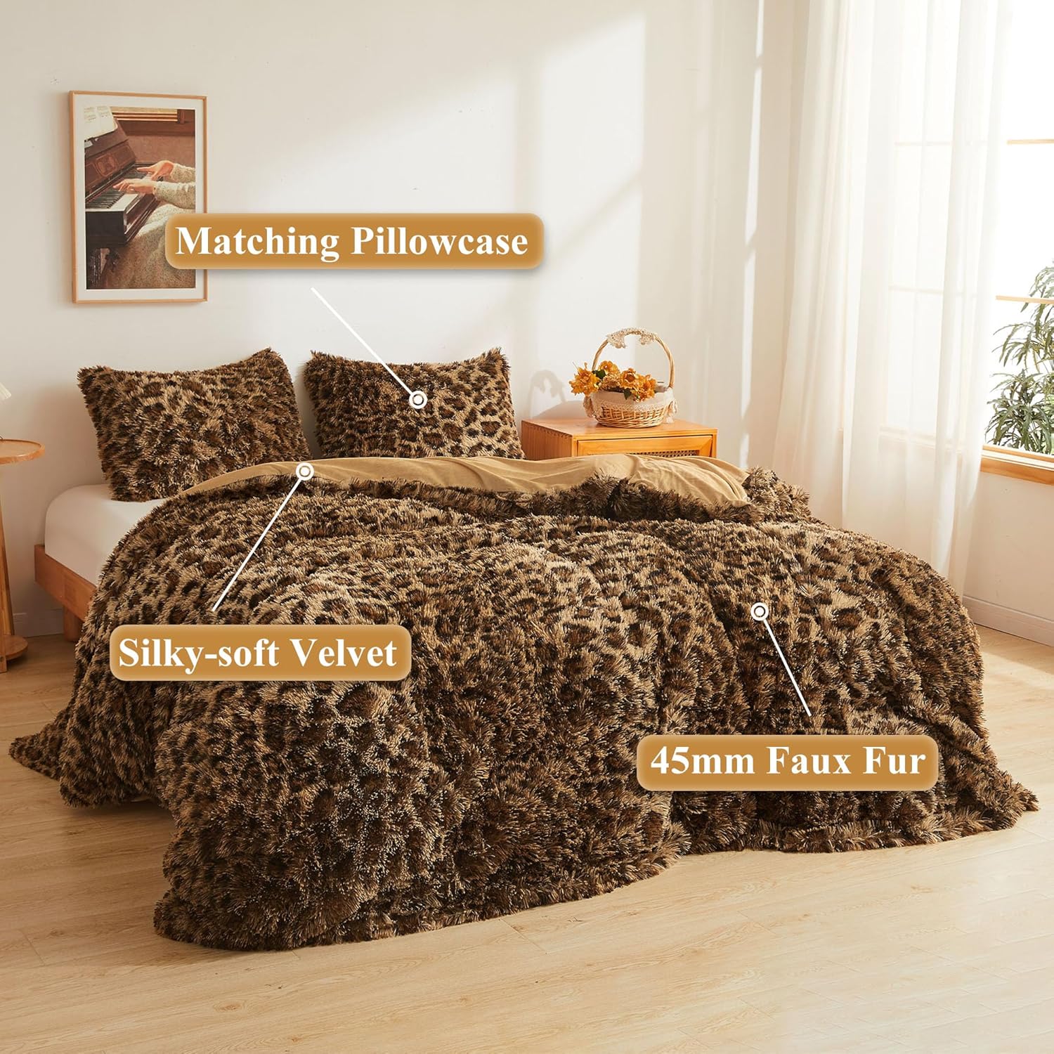 XeGe Cheetah Print Fluffy Faux Fur Duvet Cover Set, 3 Pieces Soft Plush Shaggy Fuzzy Bedding Set(1 Faux Fur Leopard Print Comforter Cover + 2 Furry Pillowcases), Zipper Closure(Queen, Brown) - Image 2