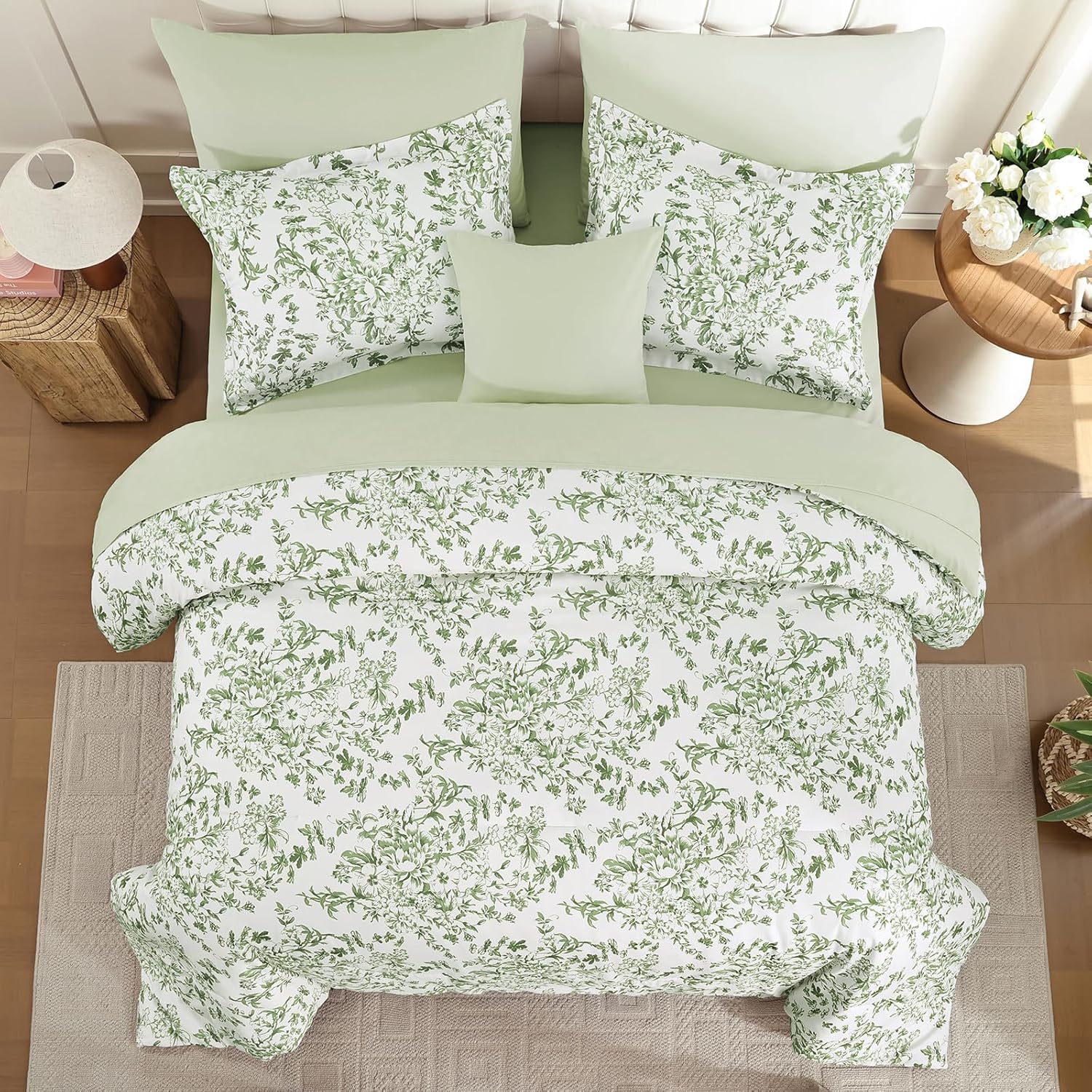 WONGS BEDDING 8 Pieces Queen Size Comforter Set Green, Sage Green Floral Bed in a Bag Comforter Sets, Soft Reversible Botanical Flowers Bedding Sets for All Season (90"x90") - Image 3