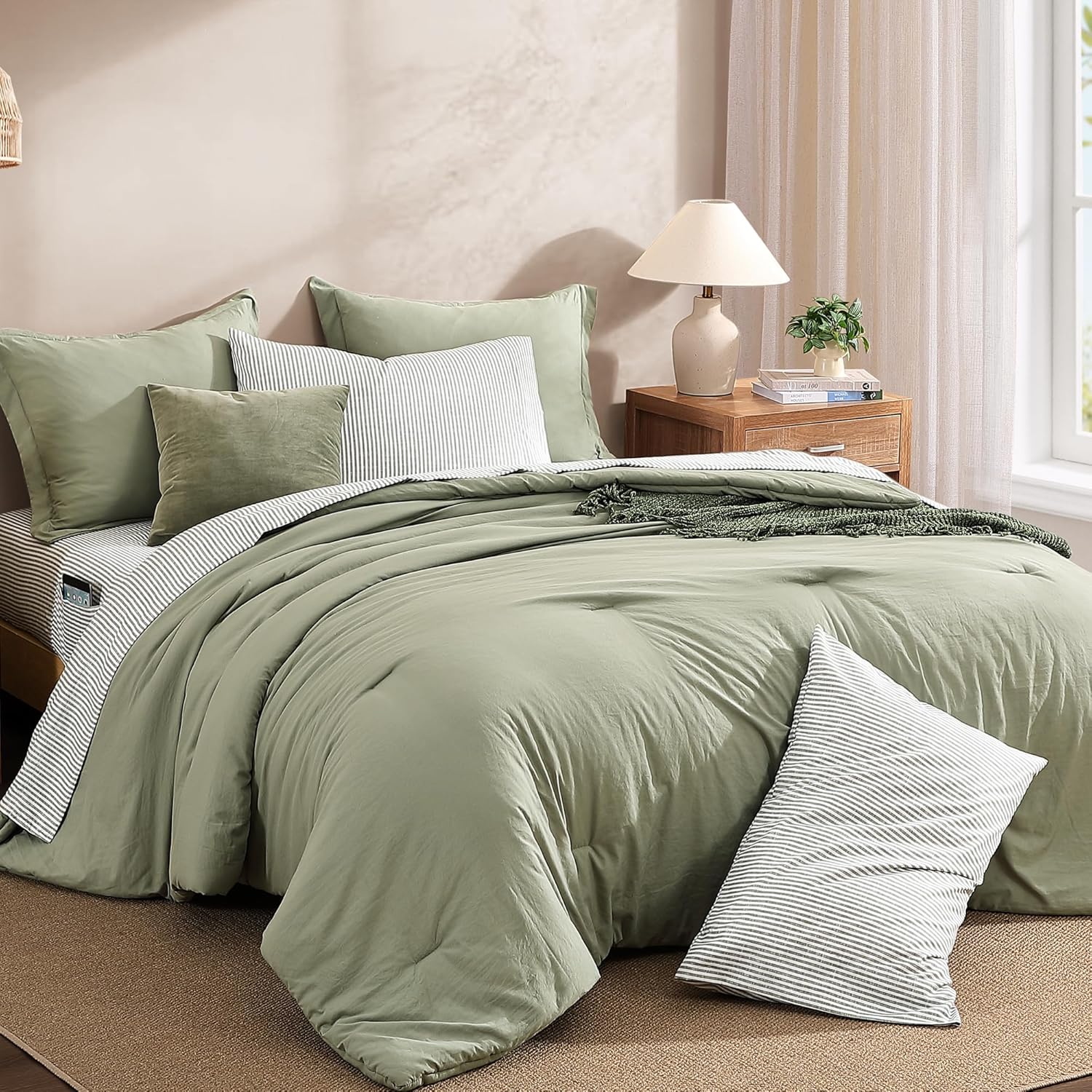 Monbix Queen Comforter Set - 7 Pieces Olive Green Prewashed Bed in a Bag Queen Bedding Sets with Comforters, All Seasons Ultra Soft Comforter Bed Set with Sheets,Pillowcases & Shams - Image 3
