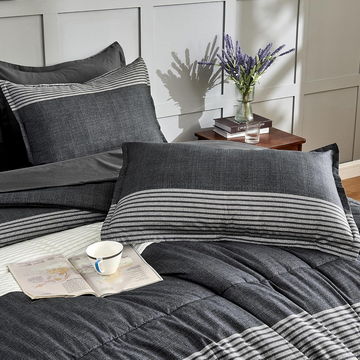 Andency Queen Comforter Set 7 Pieces Bed in a Bag - Black White Grey Striped Lightweight Soft Microfiber All Season Queen Size Bedding Set with Comforter, Fitted & Flat Sheet, Pillowcases & Shams - Image 6