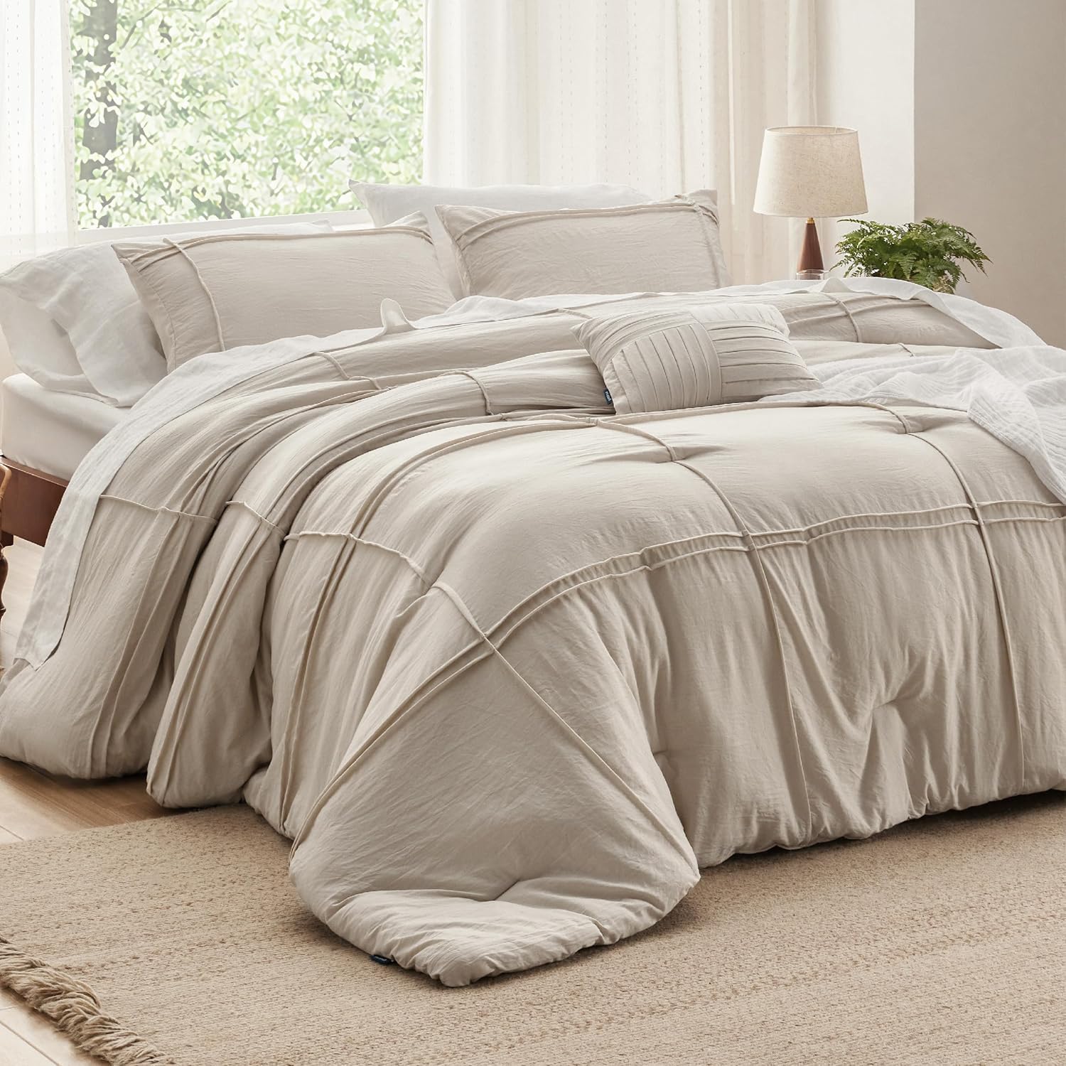 Bedsure Queen Comforter Set - 4 Pieces Pinch Pleat Bed Set, Beige Boho Bedding for All Season, 1 Soft Comforter, 2 Pillowcases, 1 Decorative Pillow - Image 14