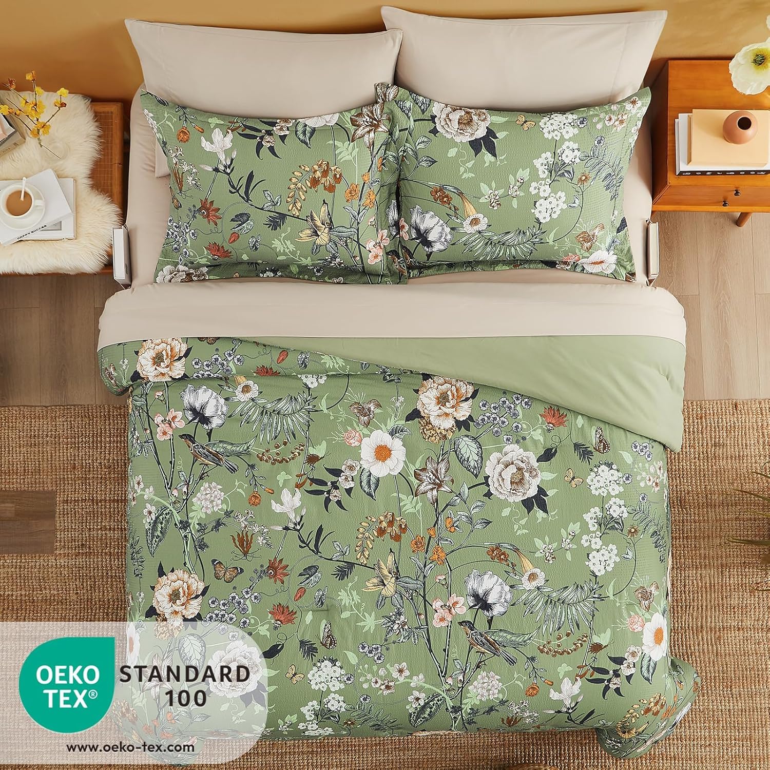 CASAAGUSTO Full Size Comforter Sets-7 Pieces Green Floral Bedding Sets, Bed in a Bag Full with Botanical Butterfly Comforter, Sheets, Pillowcases & Shams for All Seasons - Image 4