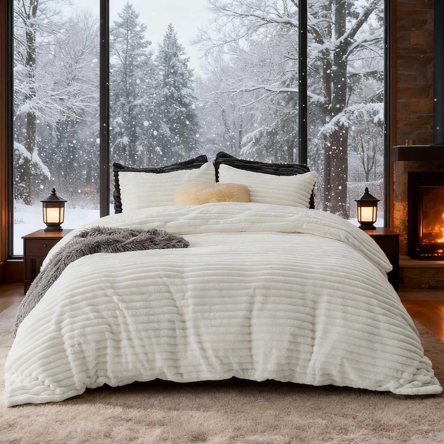 Bedsure Fluffy Duvet Cover Set - Ultra Soft Plush Shaggy Comforter Cover King Size, Warm Flannel Fleece Bed Sets for Winter, 3 Pieces (Striped Pattern, Khaki) - Image 7