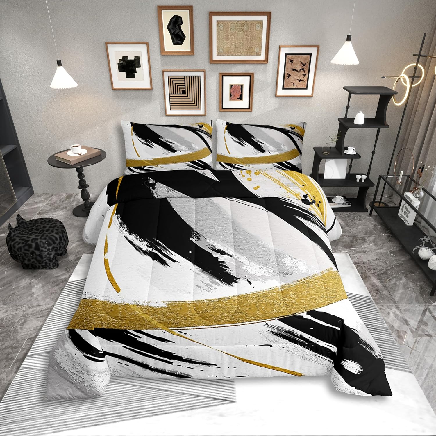 Erosebridal Black Grey Gold Comforter Set Queen Brush Strokes Oil Painting Bedding Set, Gradient Abstract Vintage Bedding Comforter Sets Ombre Graffiti Duvet Set, Contemporary Modern Quilted Comforter