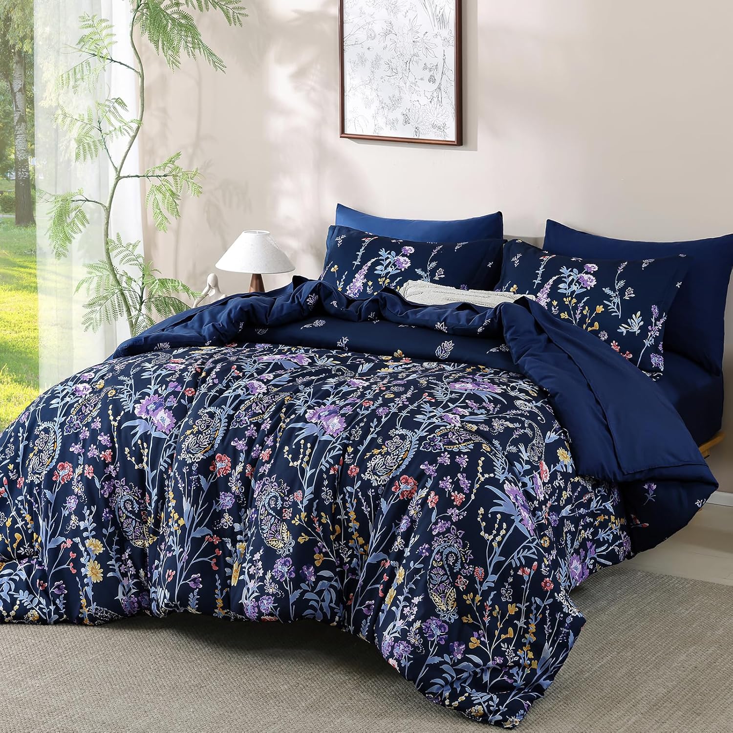 Yiran Purple Watercolour Floral Comforter Set Queen Size, 7 Piece Cute Botanical Lavender Comforter Bedding Set, Bed in a Bag Queen, Soft Microfiber Complete Bedding Set with Sheets for All Season - Image 13