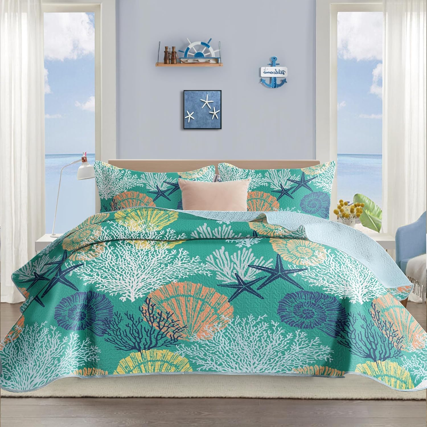 Tritard 3 Piece Coastal Quilt Sets Full/Queen Size - Reversible Microfiber Quilts with 2 Shams Soft Lightweight Beach Bedding Nautical Bedspread Coverlet Summer Comforter for All Season, 90''x96'', C1 - Image 10