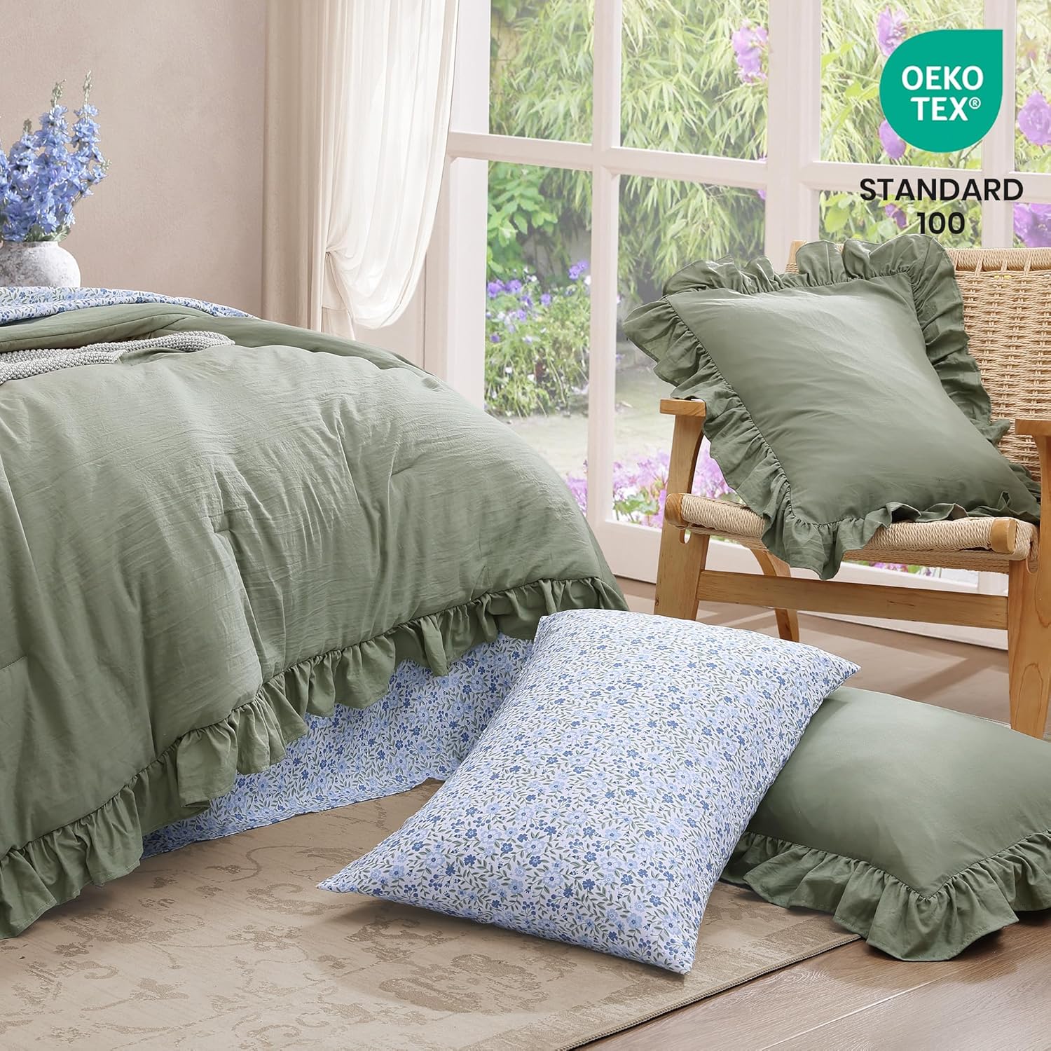 King Comforter Set - 7 Pieces Ruffle Sage Green Bedding Sets, Shabby Chic Farmhouse Bed in a Bag King with Ruffle Comforter, Floral Sheets, Pillowcases & Shams - Image 5