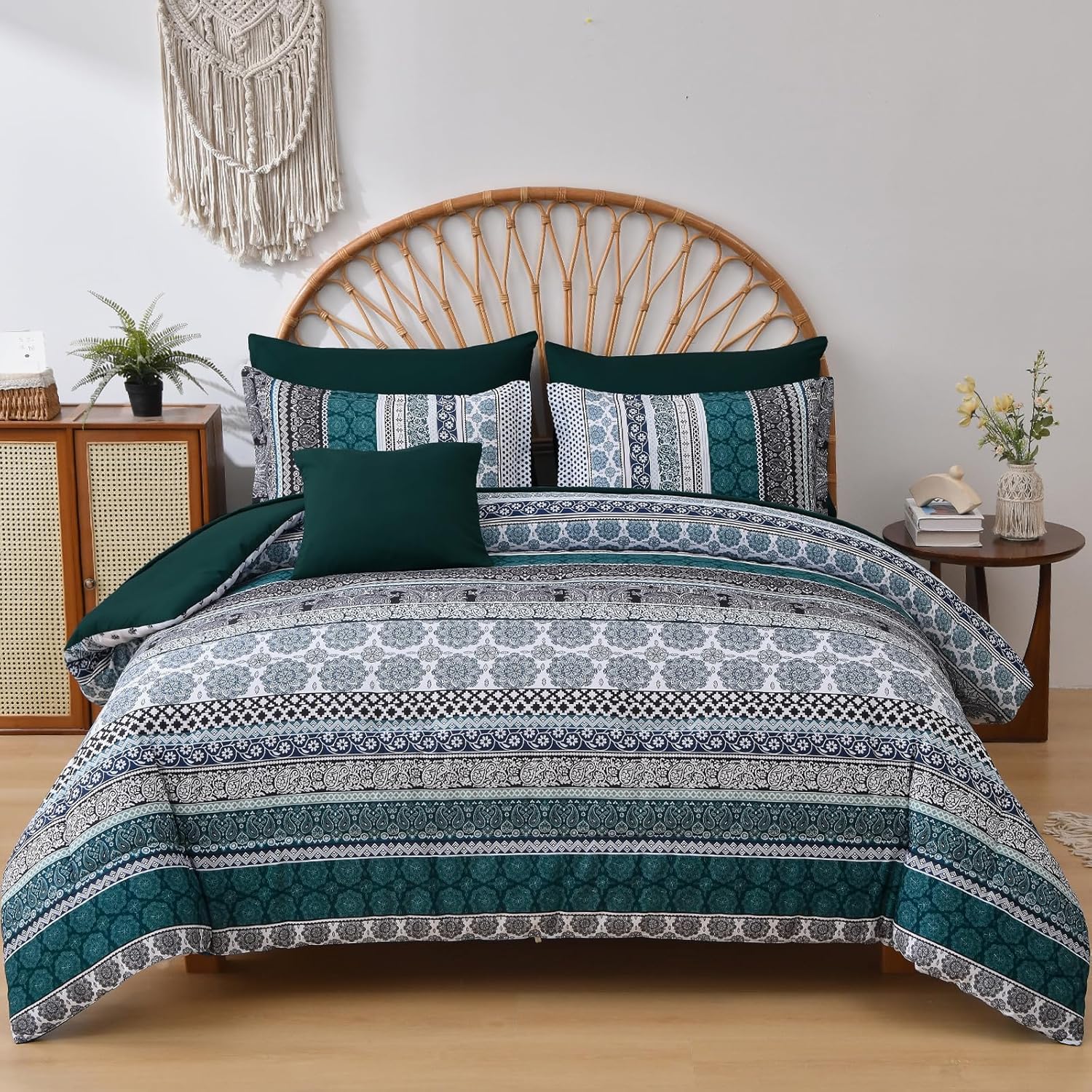 Cottolester Boho Comforter Set Full Size 8 Piece Bed in a Bag Bohemian Striped Bedding Quilt Set Aqua Paisley Floral Comforter and Sheet Set,Soft Microfiber Complete Bedding Sets for All Season - Image 25