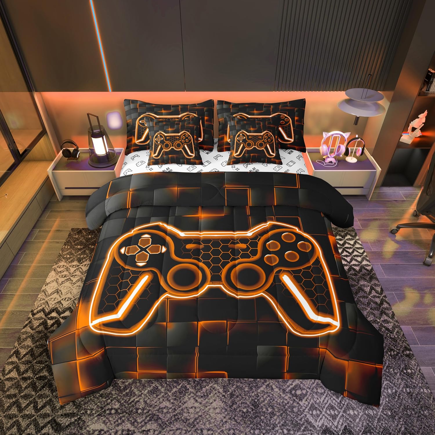 Feelyou Gamer Bedding Set Gamepad Comforter Set with Sheets 7 Piece for Boys Gaming Gifts Bed in a Bag Full Game Controller Red Bed Set with Comforter,Sheets,Cushion Covers - Image 22