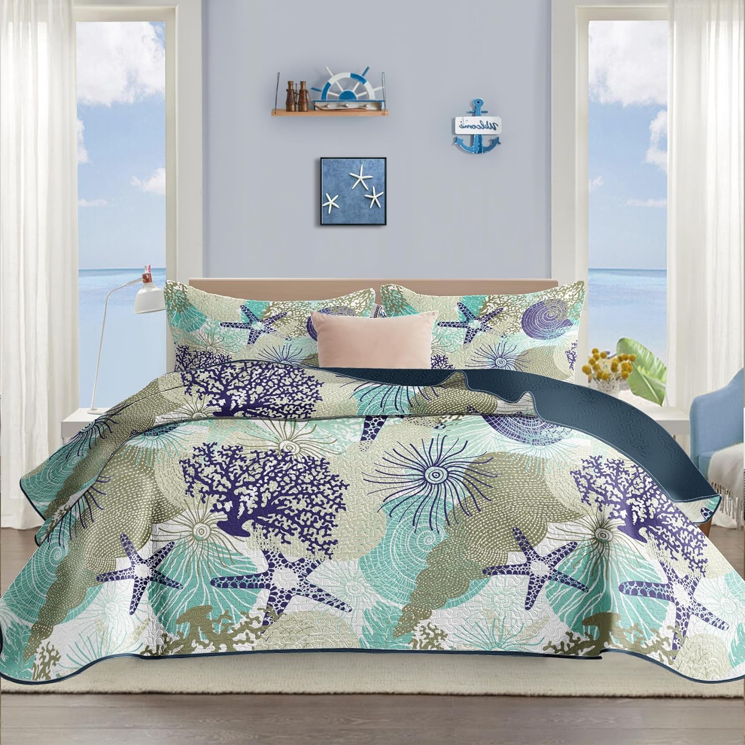 Tritard 3 Piece Coastal Quilt Sets Full/Queen Size - Reversible Microfiber Quilts with 2 Shams Soft Lightweight Beach Bedding Nautical Bedspread Coverlet Summer Comforter for All Season, 90''x96'', C1 - Image 13