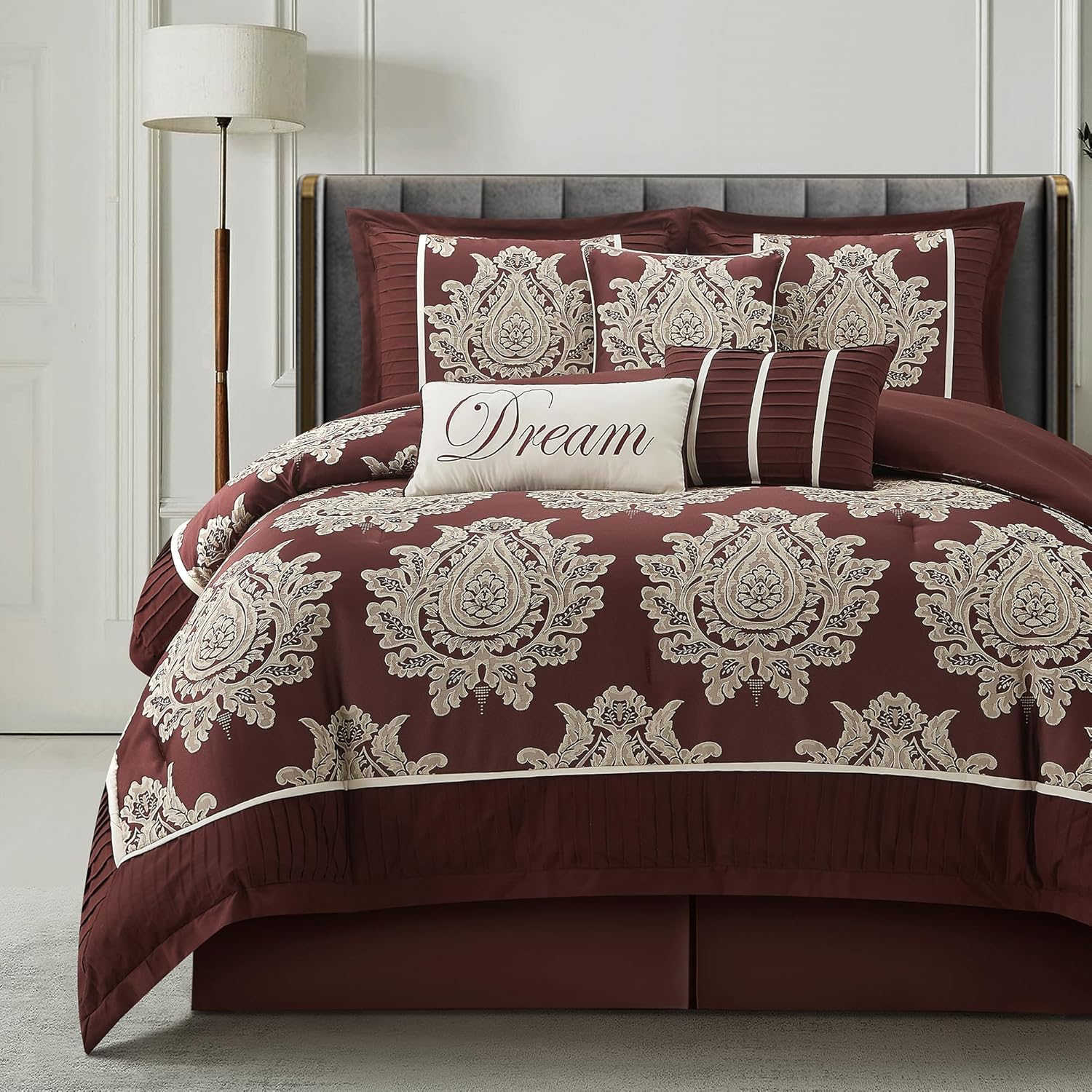 Beige California King Comforter Set 7 Pieces, Jacquard Woven with Damask, Bedding Set in a Bag Includes Comforter, Bed Skirt, Pillow Shams, and Decorative Pillows - Image 9