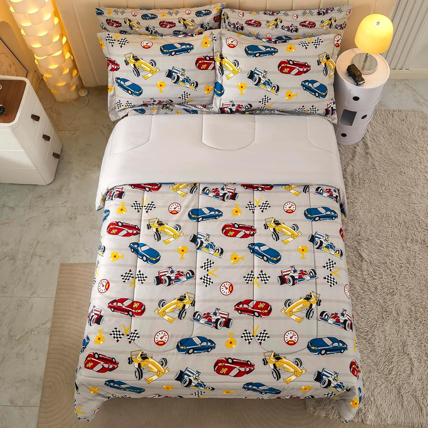 Mooreeke Full Size Comforter Sets for Boys Kids, 8 Pieces Bed in a Bag Racing Car Bedding Comforter Sheet Set with Shams and Decorative Toy Pillow, Ultral Soft Microfiber Kids Bed Set - Image 3