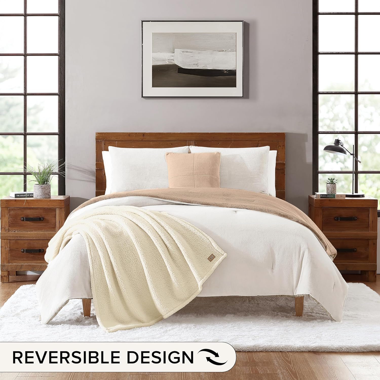 UGG Full/Queen Comforter Set 5 Piece Bed in a Bag with Throw Blanket, Decorative Pillow, Shams, Reversible Hypoallergenic Washable Luxury Warm Fluffy Bedding Set, Brown Birch (Remina) - Image 5