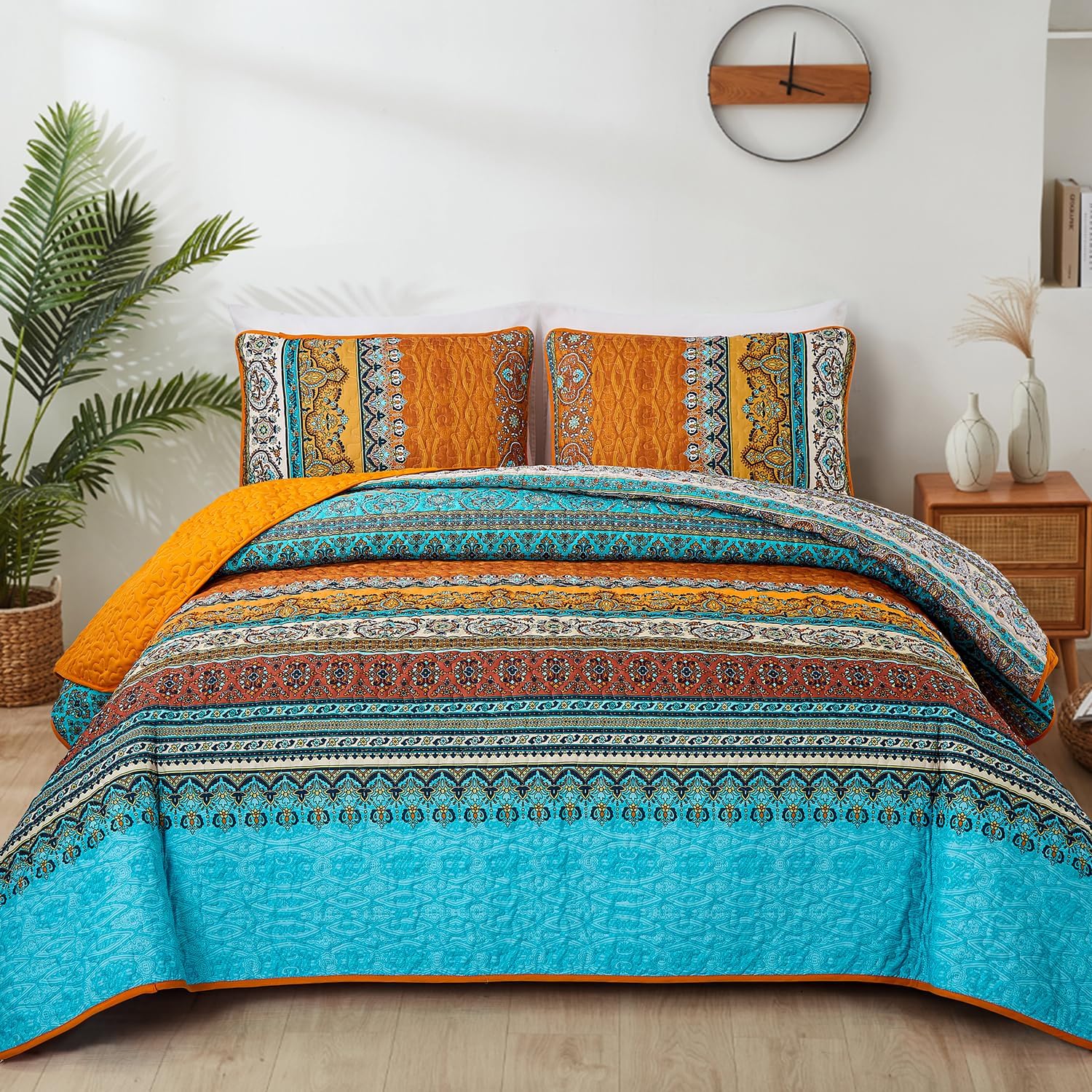 WONGS BEDDING Bohemian Quilt Set King Size, Boho Striped Printed Bedding Bedspread Coverlet Set for All Season, Lightweight Microfiber Quilts with 2 Pillowcases 104"x90" (3 Pieces, Colorful) - Image 27