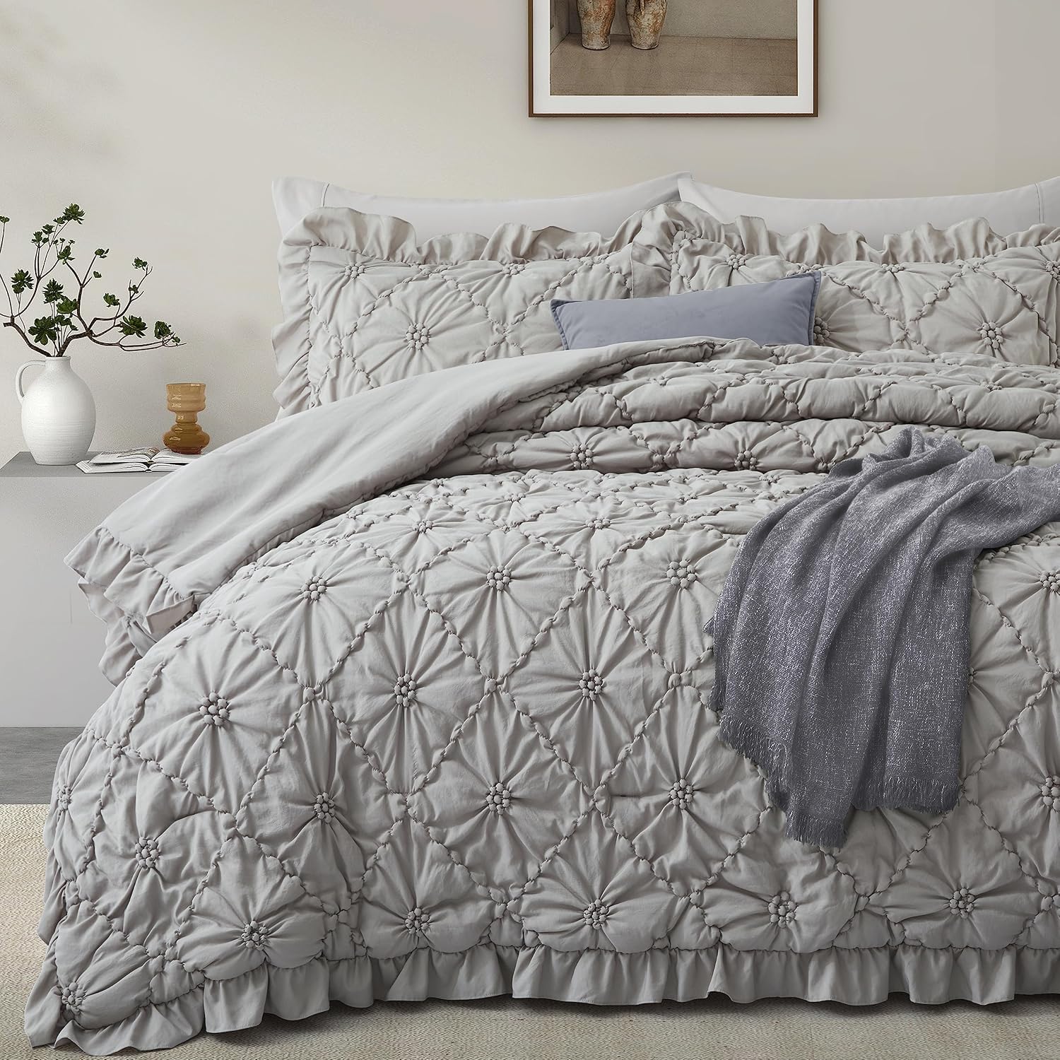 BEDAZZLED Queen Size Comforter Sets, Beige Bedding Comforter Set, 3 Pieces Pinch Pleat Bedding Sets with Comforter and Pillowcases Soft Farmhouse Shabby Chic Comforter for All Season - Image 7