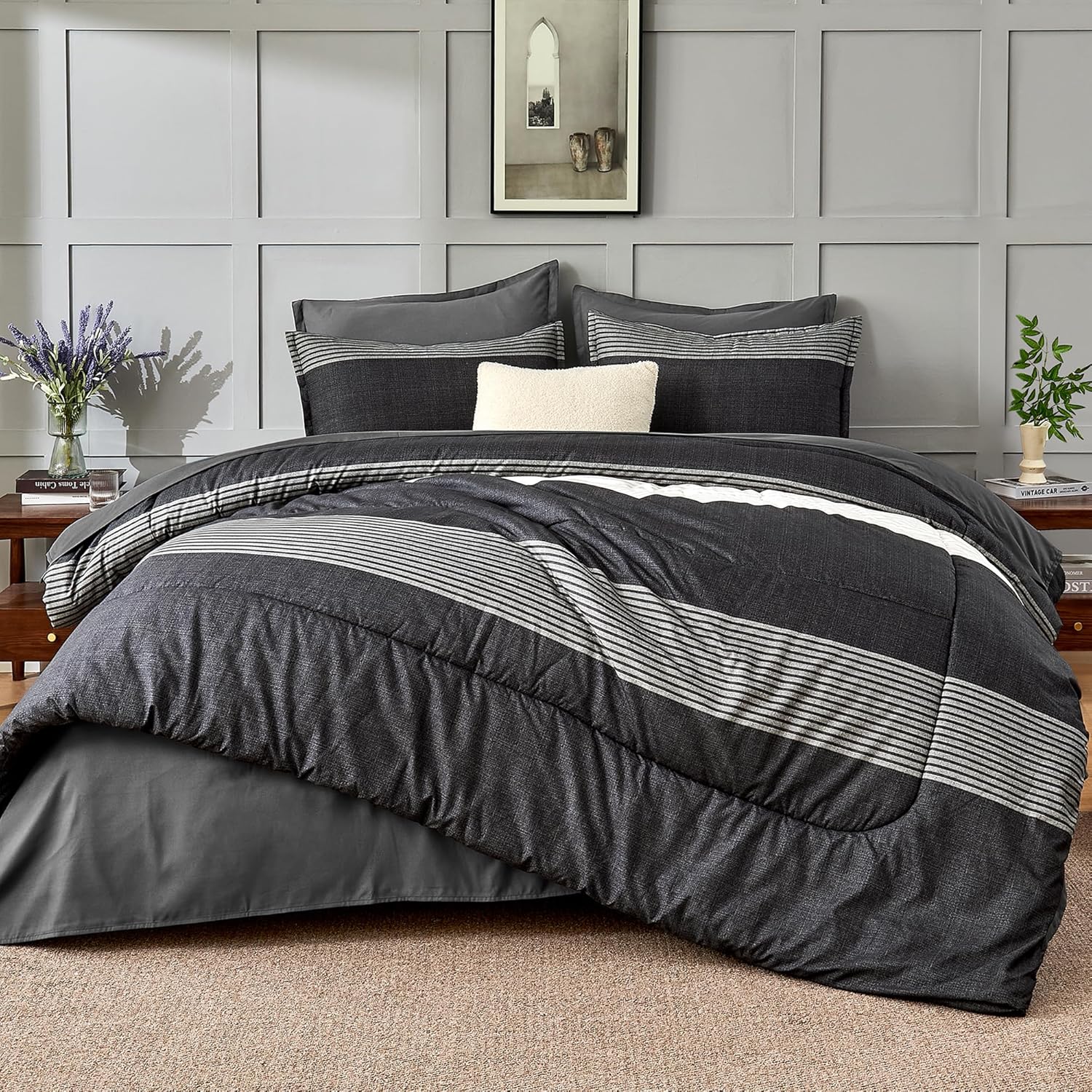 Andency Queen Comforter Set 7 Pieces Bed in a Bag - Black White Grey Striped Lightweight Soft Microfiber All Season Queen Size Bedding Set with Comforter, Fitted & Flat Sheet, Pillowcases & Shams - Image 4
