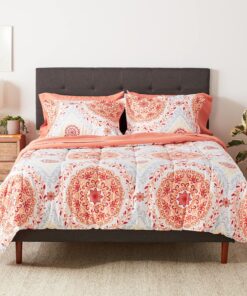 Amazon Basics Full/Queen Comforter Set with Sheets, 7-Piece Coral Medallion Bedding, Lightweight Microfiber Bed-in-a-Bag