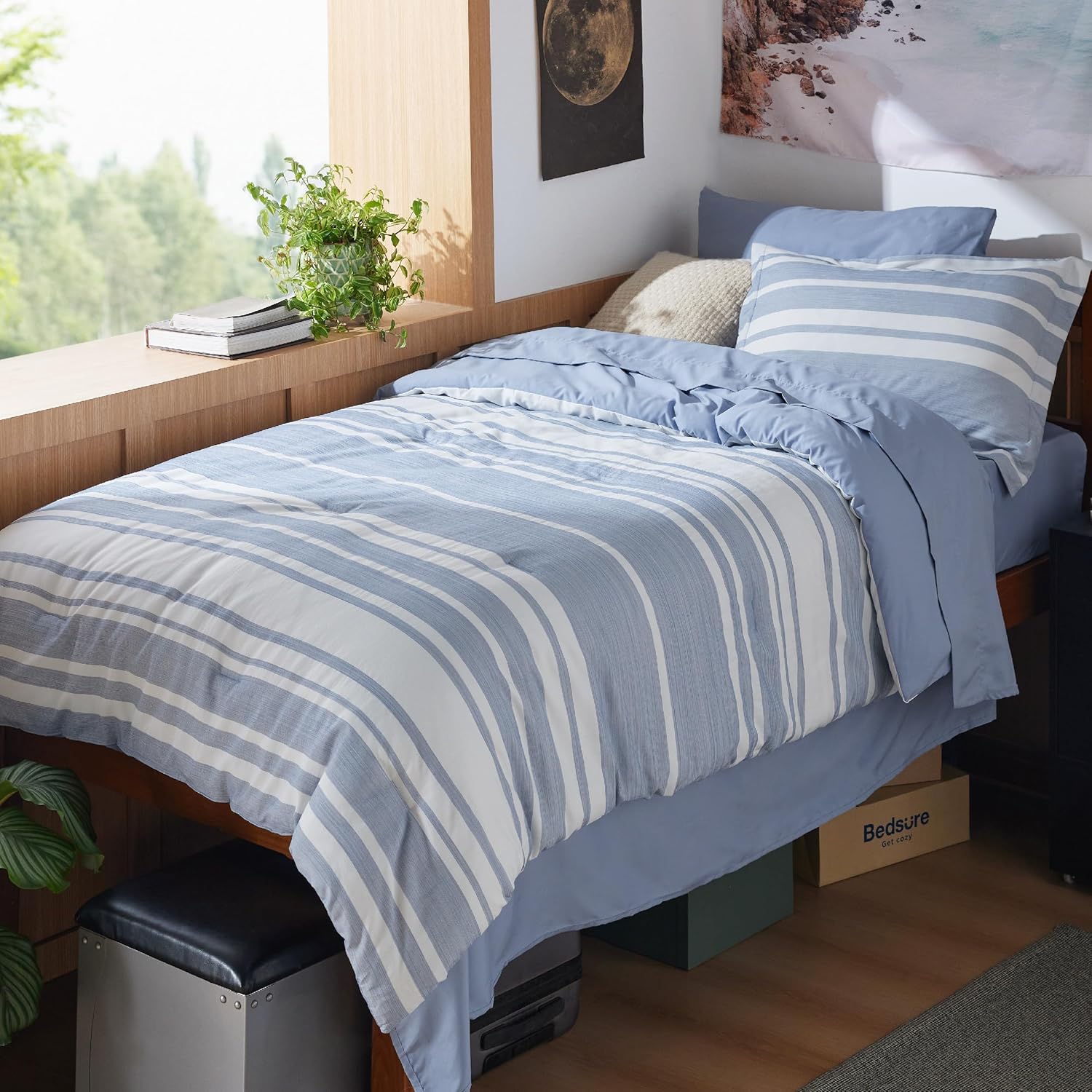 Bedsure Queen Comforter Set 7 Pieces, Grey Striped Bedding Set for All Seasons, Reversible, Cationic Dyeing Bed in a Bag with Comforter, Sheets, Pillowcases & Shams - Image 9