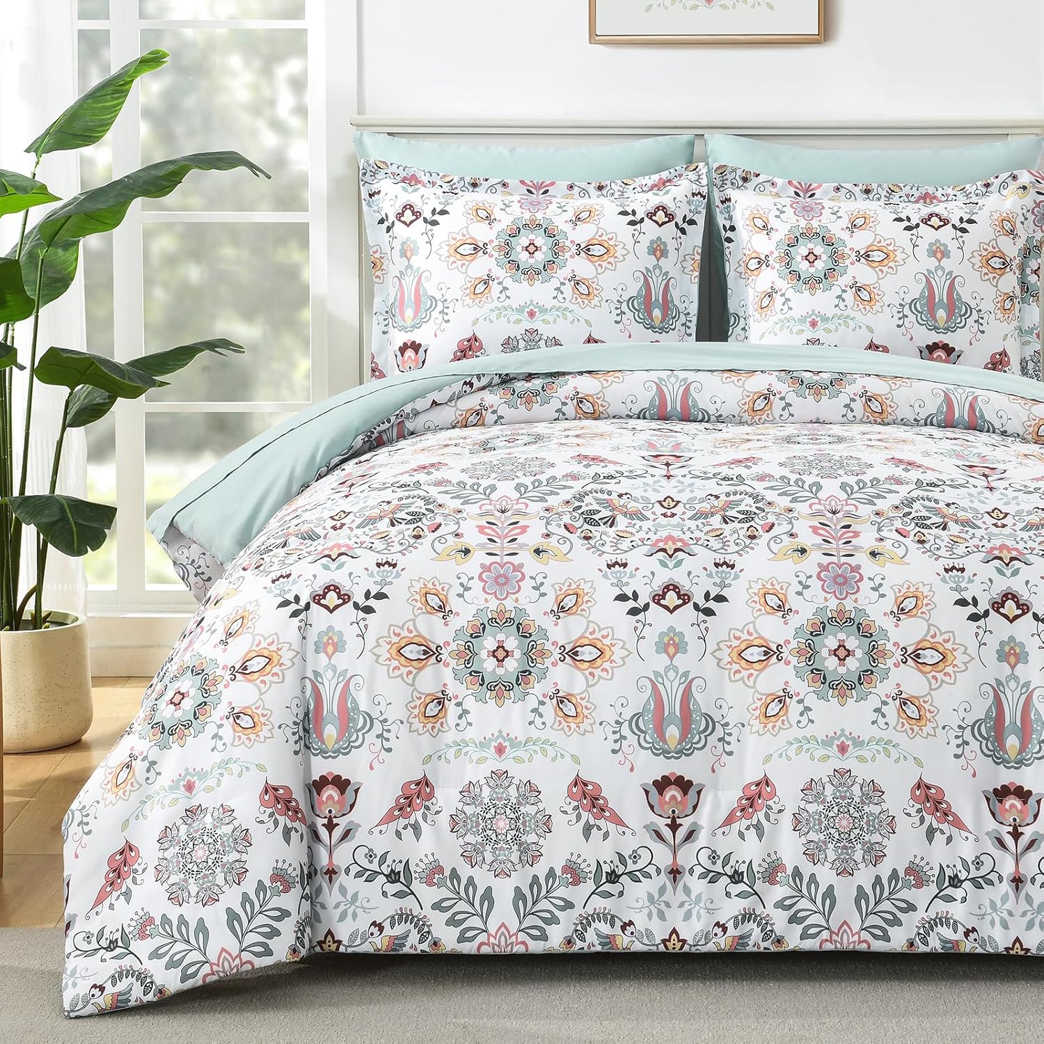 Boho Comforter Set Queen - 7 Pieces Bed in a Bag Floral Medallions Design, Bohemian Comforter Set with Sheets, Soft Microfiber Complete Bedding Sets All Season (Teal Blue, Queen) - Image 11