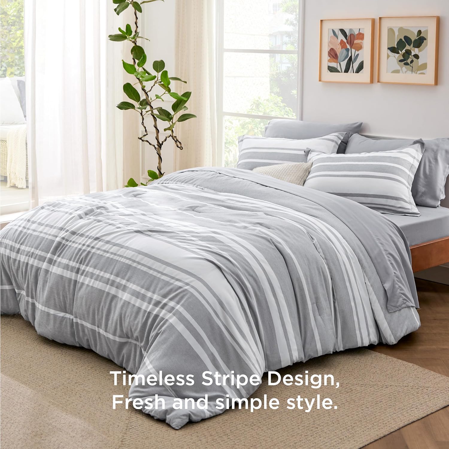 Bedsure Queen Comforter Set 7 Pieces, Grey Striped Bedding Set for All Seasons, Reversible, Cationic Dyeing Bed in a Bag with Comforter, Sheets, Pillowcases & Shams - Image 3