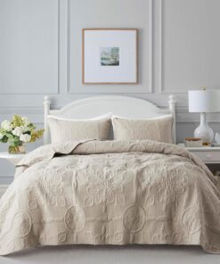 B2EVER Beige Damask Quilt Twin Size Bedding Sets with 1 Pillow Sham, Boho Bedspread Lightweight Soft Farmhouse Vintage Bohemian Coverlet Retro Jacquard Pattern Bed Cover for All Season, 2 Pieces