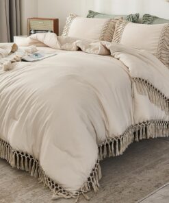 Andency Comforter Queen Size Set Beige, 3 Pieces Tassel Boho Lightweight Winter Bedding Comforters & Sets, All Season Bed Set (90x90In Comforter & 2 Pillowcases)