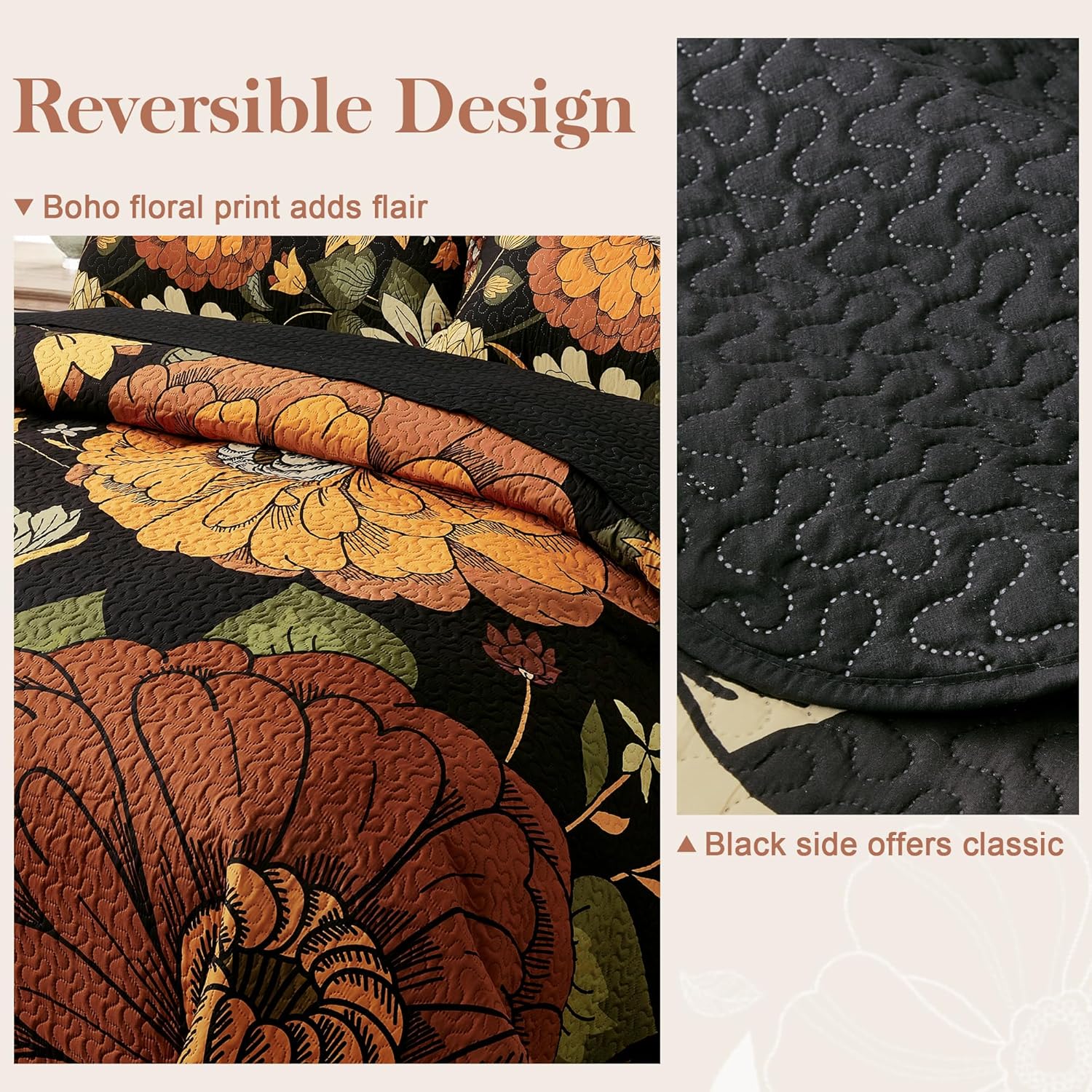 3 Piece Black Boho Floral Full/Queen Quilt Sets Reversible Farmhouse Botanical Lightweight Bedspread Coverlet with 2 Shams Mid Century Microfiber Fall Bedding Quilts Set for All Season,90''x96'' - Image 3