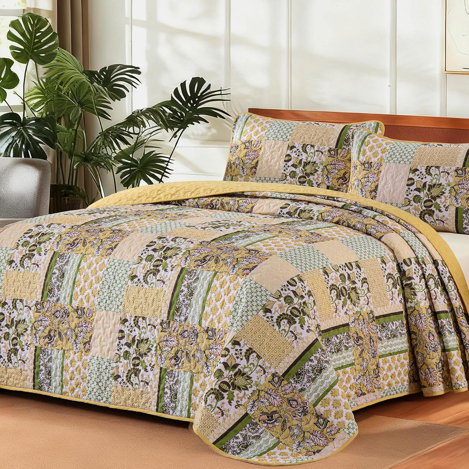 WONGS BEDDING Green Quilt Set King Size,Green Patchwork Plaid Printed Bedspread Coverlet Set,3 Pieces Summer Soft Microfiber Boho Bedding Set with 1 Quilt 2 Pillowcases - Image 15