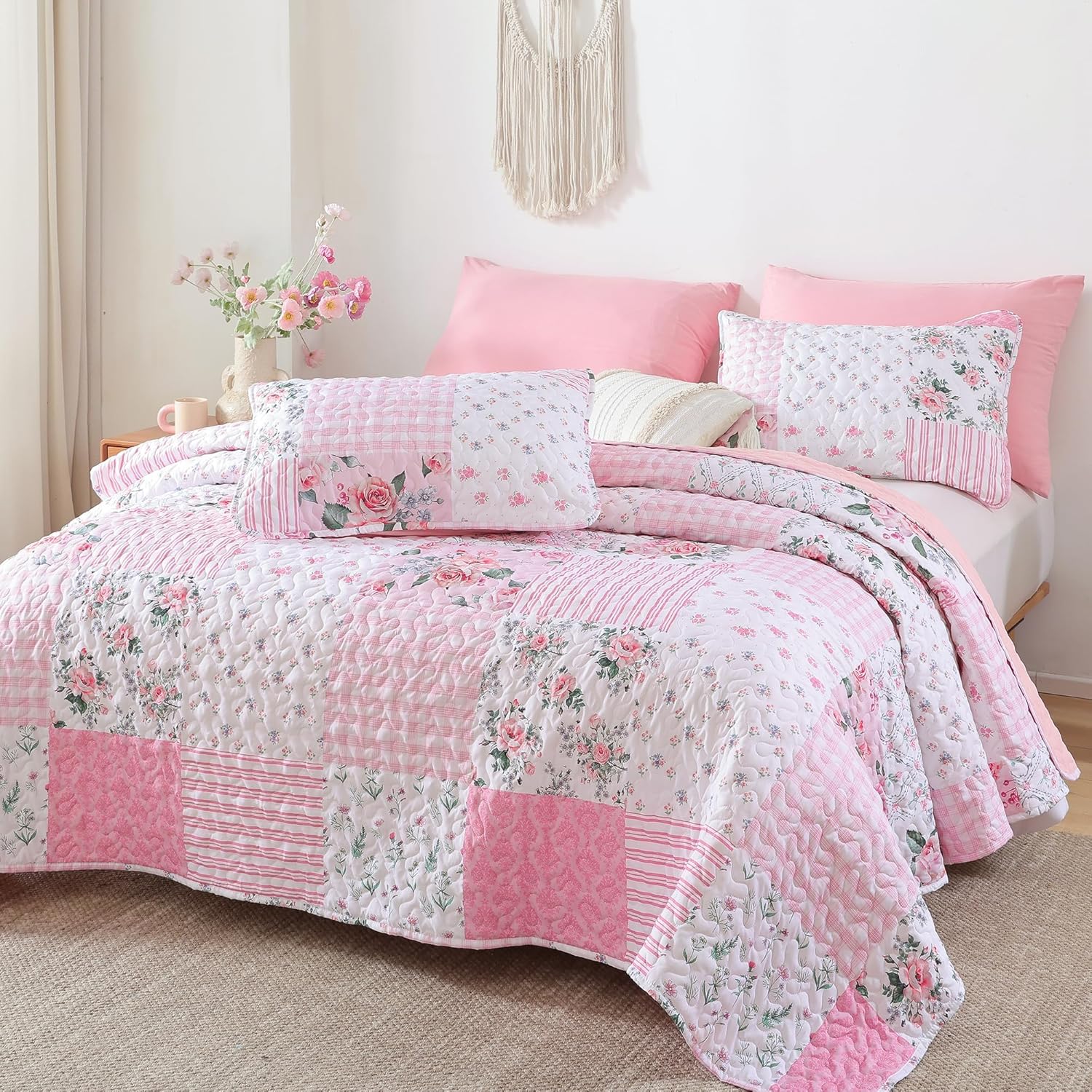 YIKUSH Quilt Sets Queen Size Floral Quilt Set 3 Pieces Bedding Set Bedspreads Pink Comforter Blanket with 2 Pillow Cases- Ultra Soft Floral Coverlet with Printed Pattern 90in.x 90in - Image 6