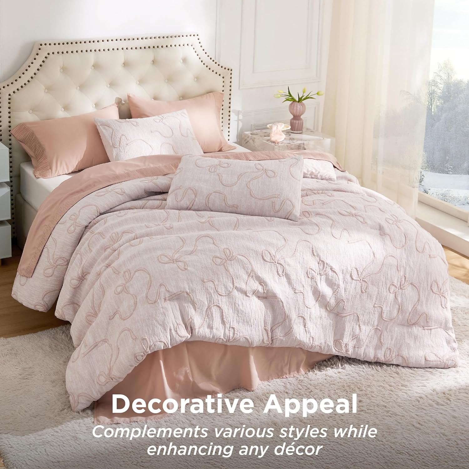 Bedsure Queen Comforter Set, Pink Boho Tufted Bed Set, 3D Puffy Jacquard Bedding Queen Size, 3 Pieces, 1 Farmhouse Shabby Chic Embroidery Comforter with Bow Pattern & 2 Pillow Cases - Image 5