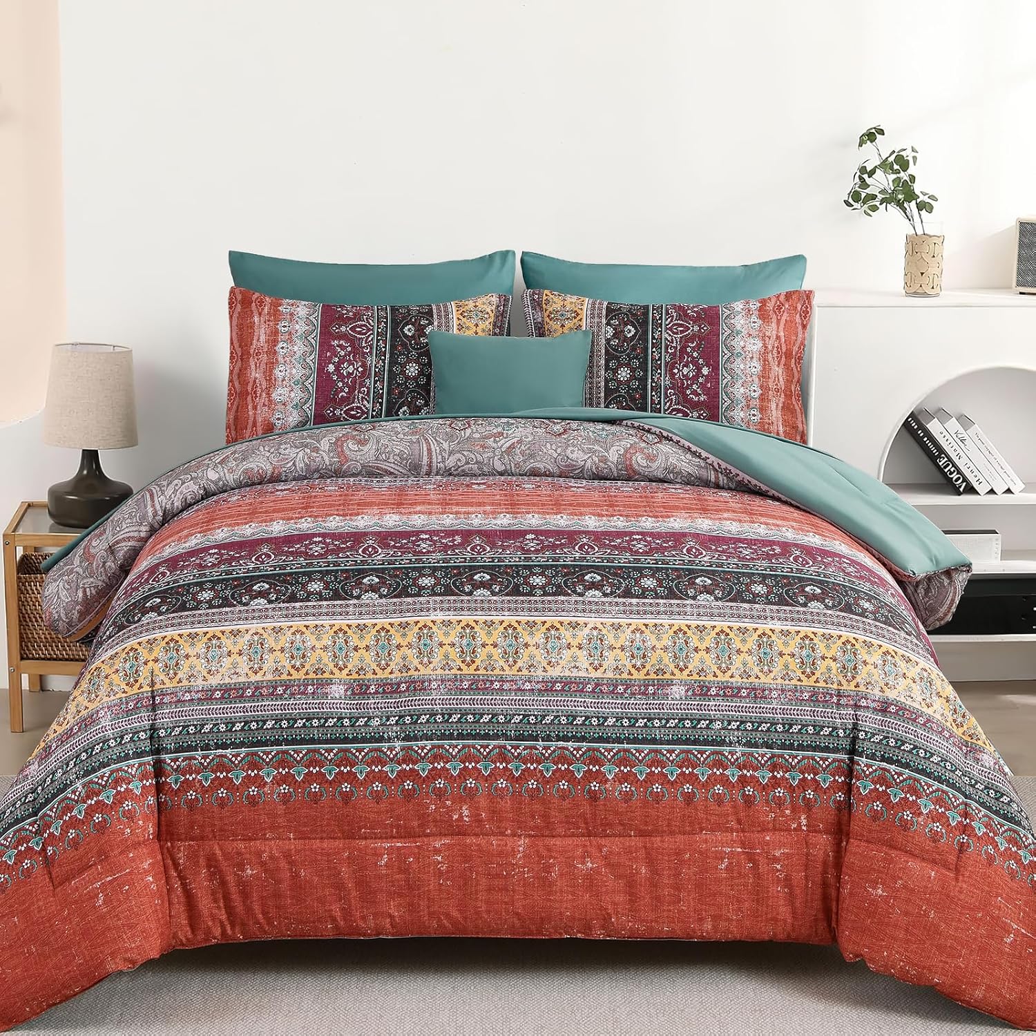 Cottolester Boho Comforter Set Full Size 8 Piece Bed in a Bag Bohemian Striped Bedding Quilt Set Aqua Paisley Floral Comforter and Sheet Set,Soft Microfiber Complete Bedding Sets for All Season - Image 33