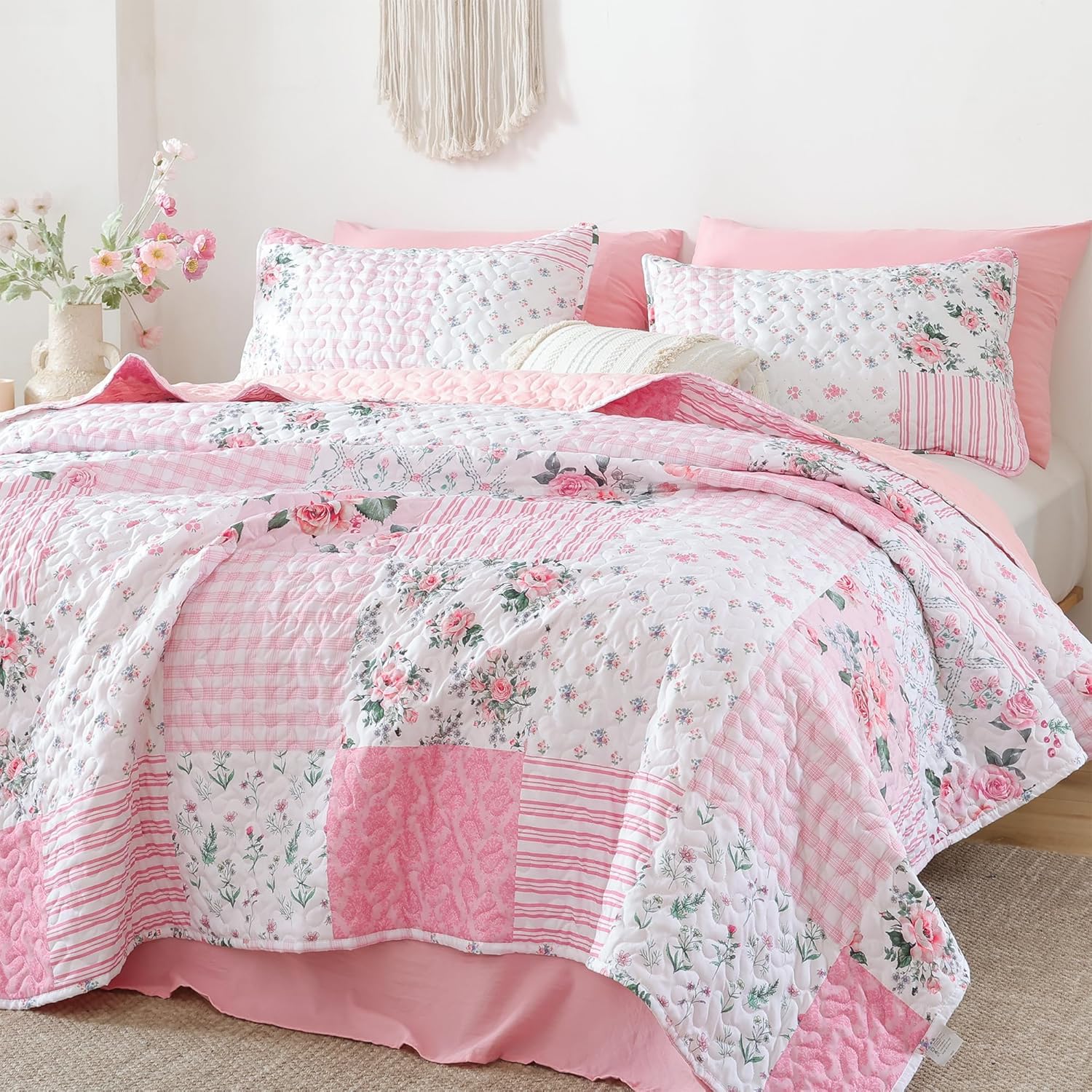 YIKUSH Quilt Sets Queen Size Floral Quilt Set 3 Pieces Bedding Set Bedspreads Pink Comforter Blanket with 2 Pillow Cases- Ultra Soft Floral Coverlet with Printed Pattern 90in.x 90in - Image 4