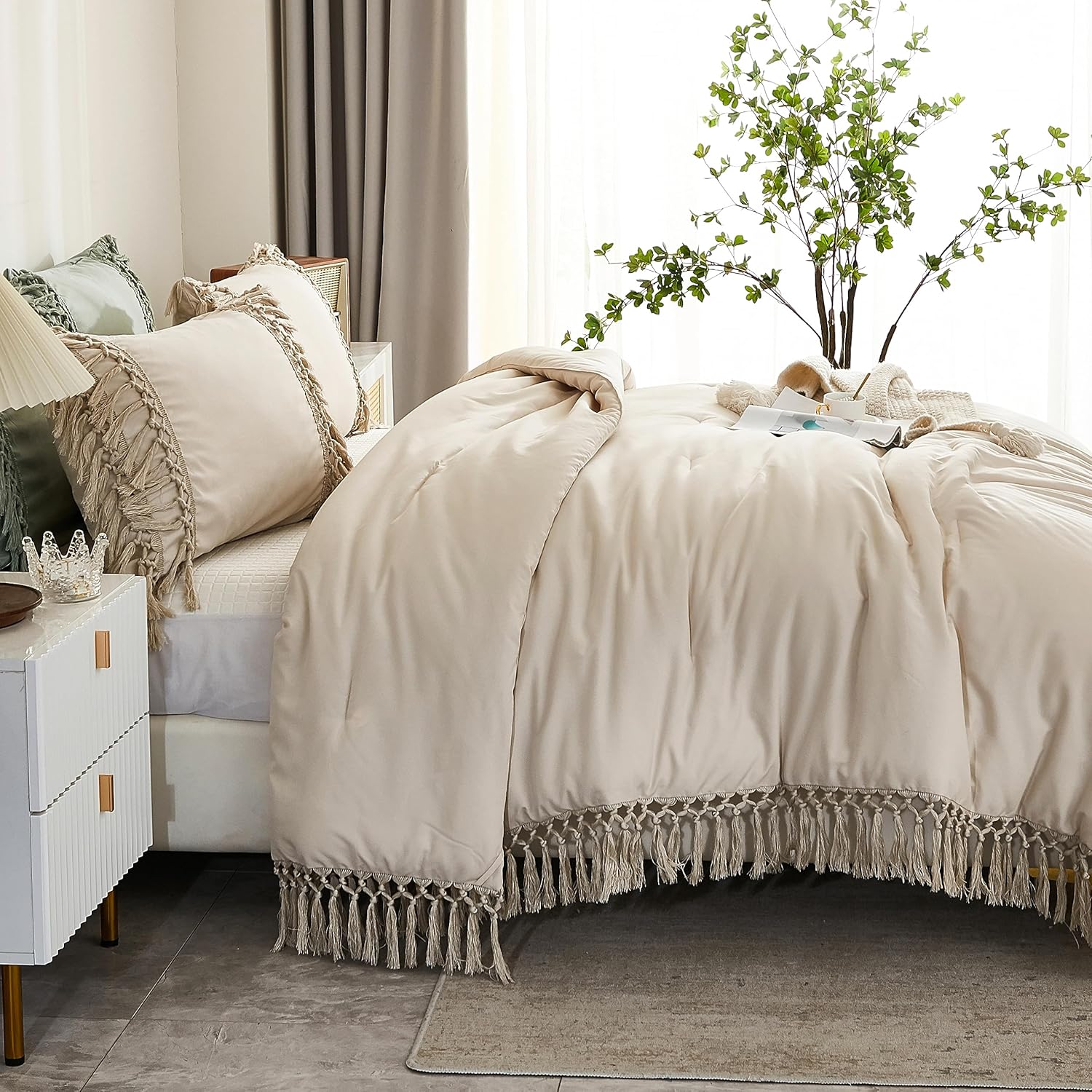 Andency Comforter Queen Size Set Beige, 3 Pieces Tassel Boho Lightweight Winter Bedding Comforters & Sets, All Season Bed Set (90x90In Comforter & 2 Pillowcases) - Image 4