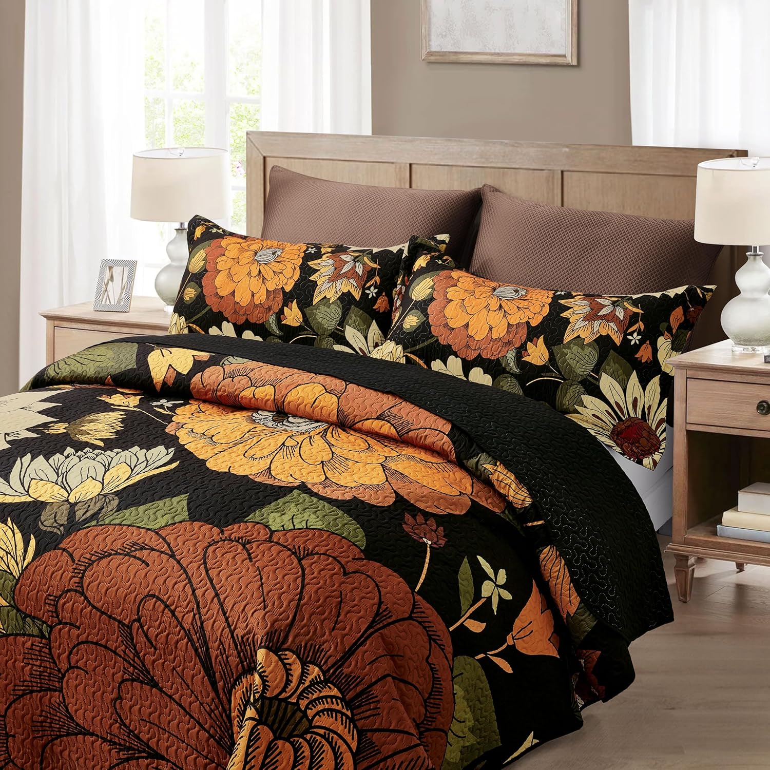3 Piece Black Boho Floral Full/Queen Quilt Sets Reversible Farmhouse Botanical Lightweight Bedspread Coverlet with 2 Shams Mid Century Microfiber Fall Bedding Quilts Set for All Season,90''x96'' - Image 2