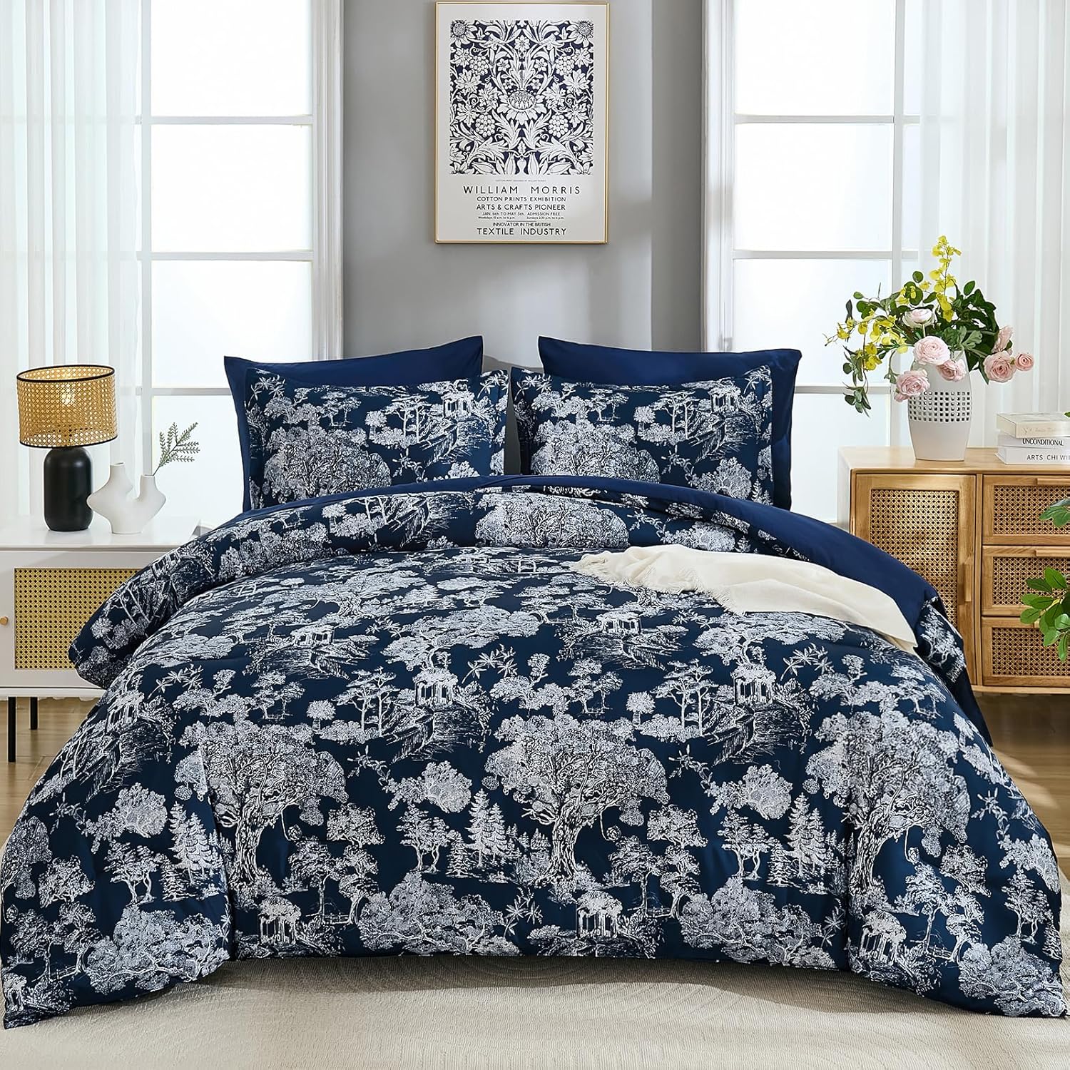 DJY Blue Comforter Set Queen, 7 Pieces Bed in a Bag Queen Size Botanical Comforters with Sheets Elegant Plants Print Soft Microfiber Reversible Complete Bedding Sets for All Season - Image 14