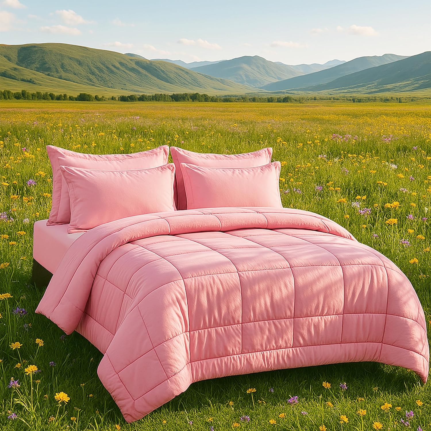 DOWNCOOL Full Size Comforter Sets, 7Pcs Full Size Bedding Sets Pink, All Season Down Alternative Bedding Comforter Sets with Comforter, Flat Sheet, Fitted Sheet, 2 Pillow Shams & 2 Pillowcases - Image 3