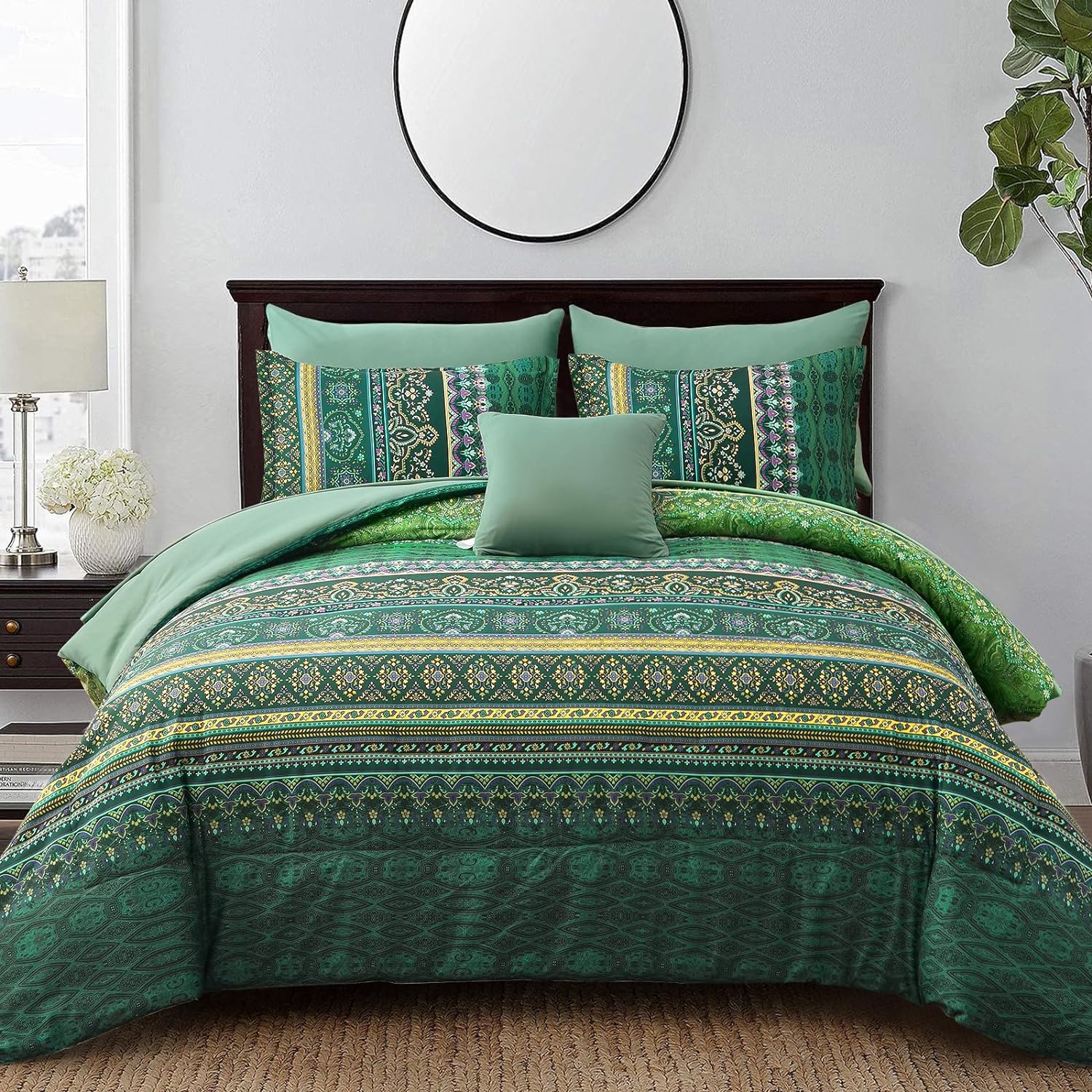 Cottolester Boho Comforter Set Full Size 8 Piece Bed in a Bag Bohemian Striped Bedding Quilt Set Aqua Paisley Floral Comforter and Sheet Set,Soft Microfiber Complete Bedding Sets for All Season - Image 10