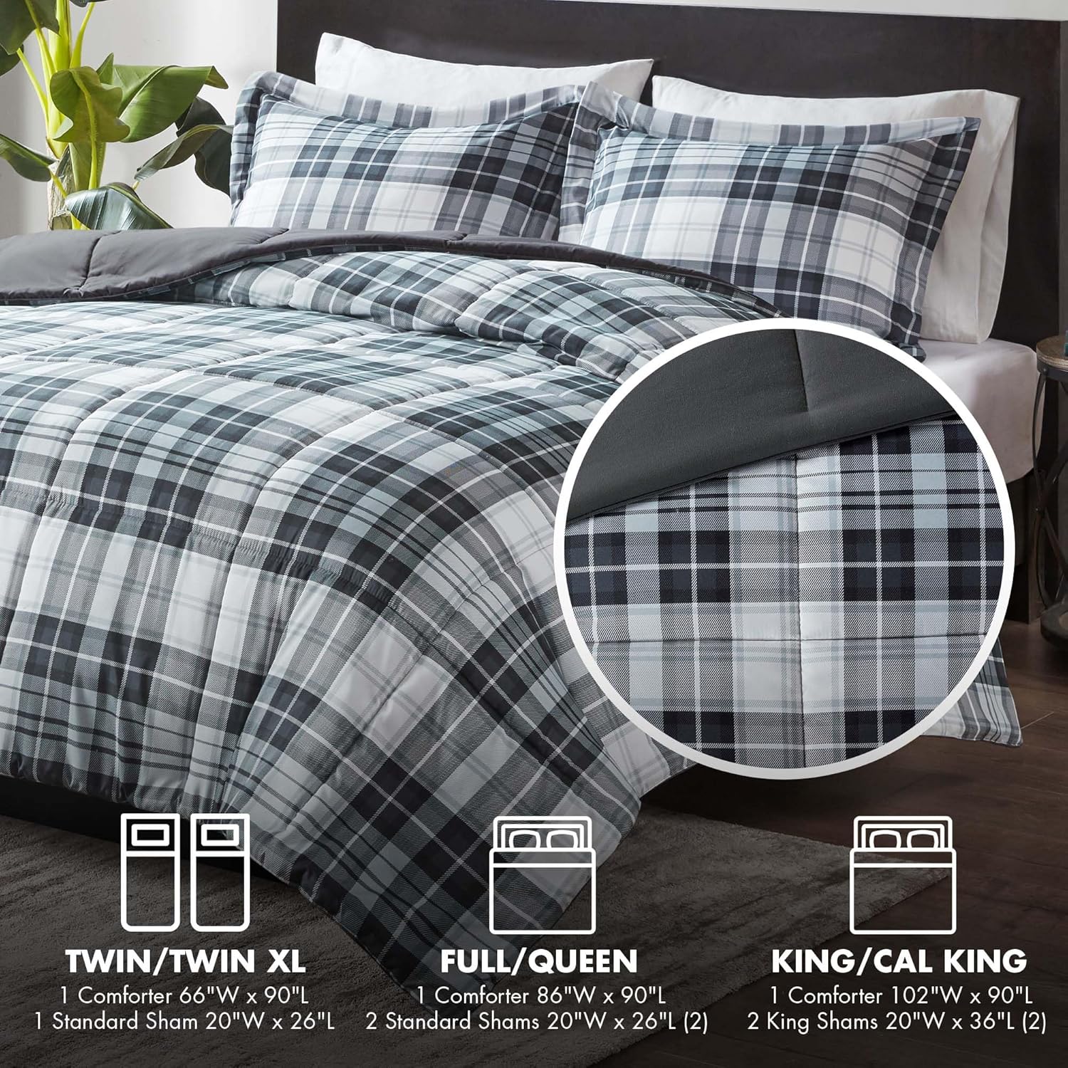 Madison Park Essentials Parkston Plaid Comforter, Matching Sham, 3M Scotchguard Stain Release Cover, Hypoallergenic All Season Bedding-Set, Full/Queen, Black, 3 Piece - Image 4