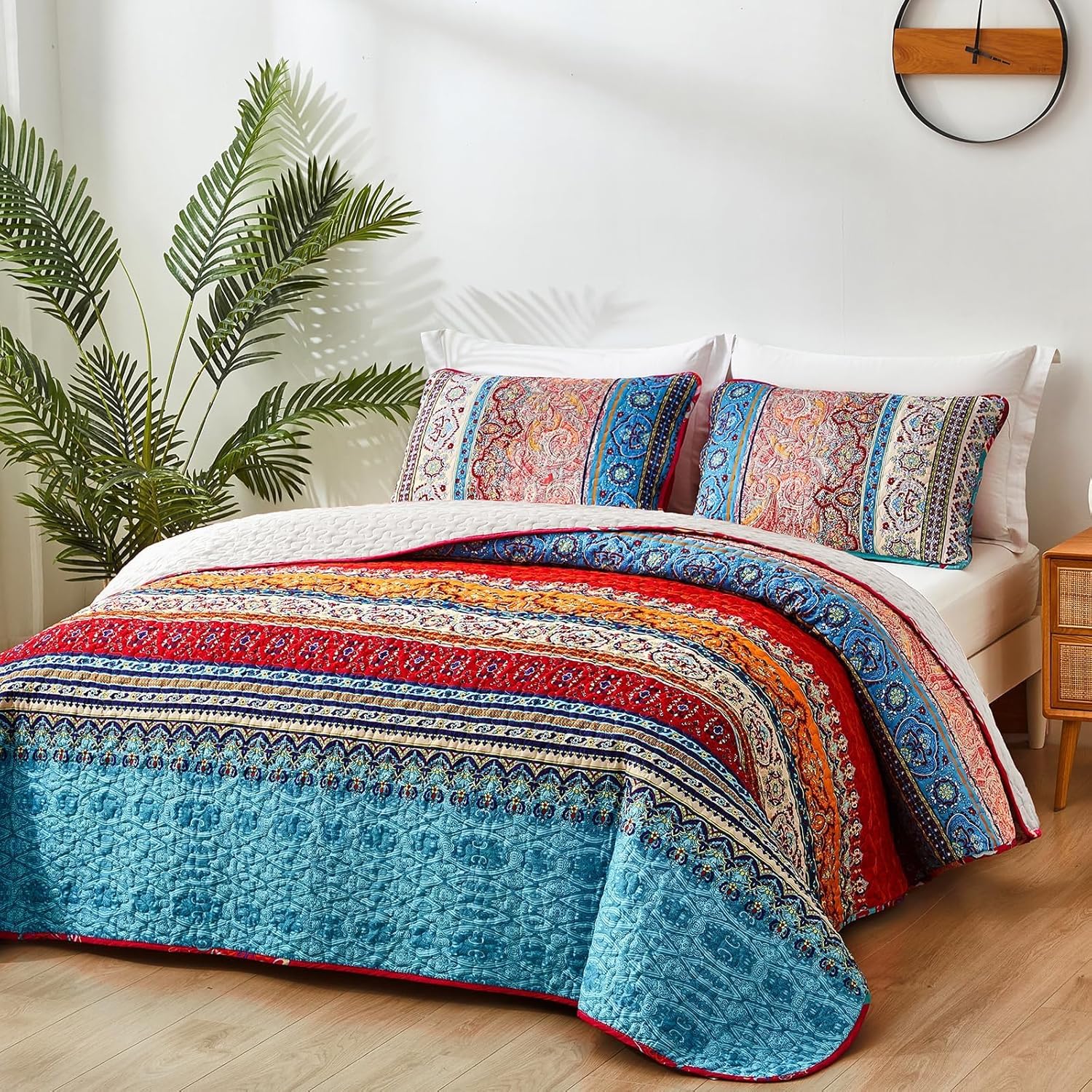 WONGS BEDDING Bohemian Quilt Set King Size, Boho Striped Printed Bedding Bedspread Coverlet Set for All Season, Lightweight Microfiber Quilts with 2 Pillowcases 104"x90" (3 Pieces, Colorful) - Image 2