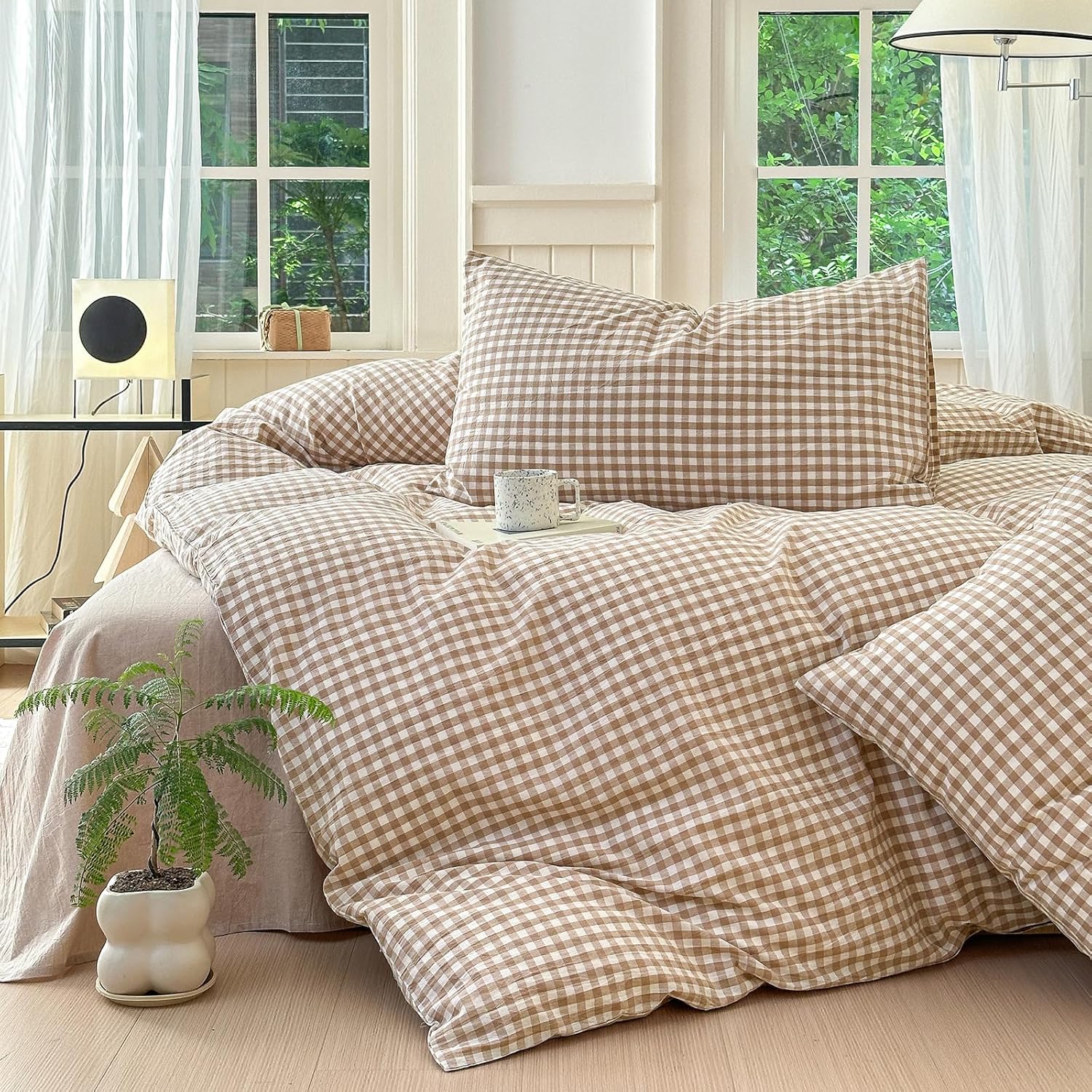 LifeTB Queen Comforter Set Tan Gingham Comforter Modern Style Beige Plaid Comforter Set 3 Pieces Fluffy Grid Checkered Comforter with 2 Pillowcases Boho Gingham Bedding Set Queen Size - Image 2