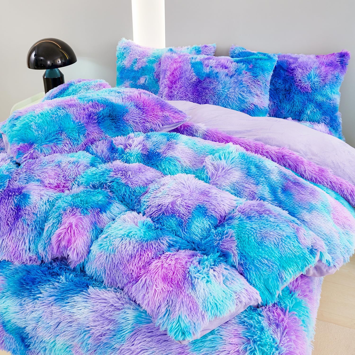 SUCSES Blue Purple Fluffy Twin Bedding Sets for Girls 3Pcs Faux Fur Plush Shaggy Kids Duvet Cover Set Twin Size Tie Dye Velvet Furry Comforter Cover Set