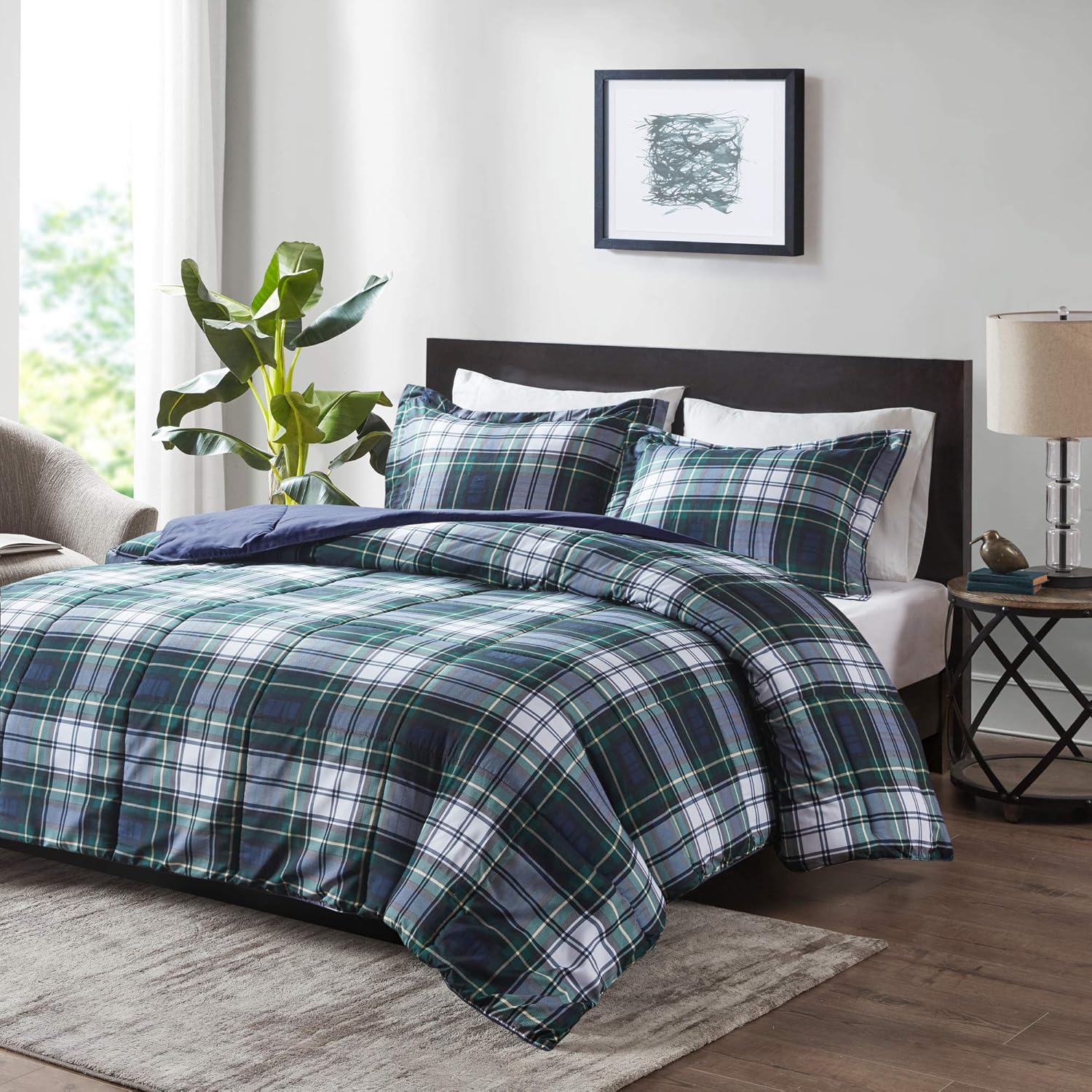 Madison Park Essentials Parkston Plaid Comforter, Matching Sham, 3M Scotchguard Stain Release Cover, Hypoallergenic All Season Bedding-Set, Full/Queen, Grey, 3 Piece - Image 13