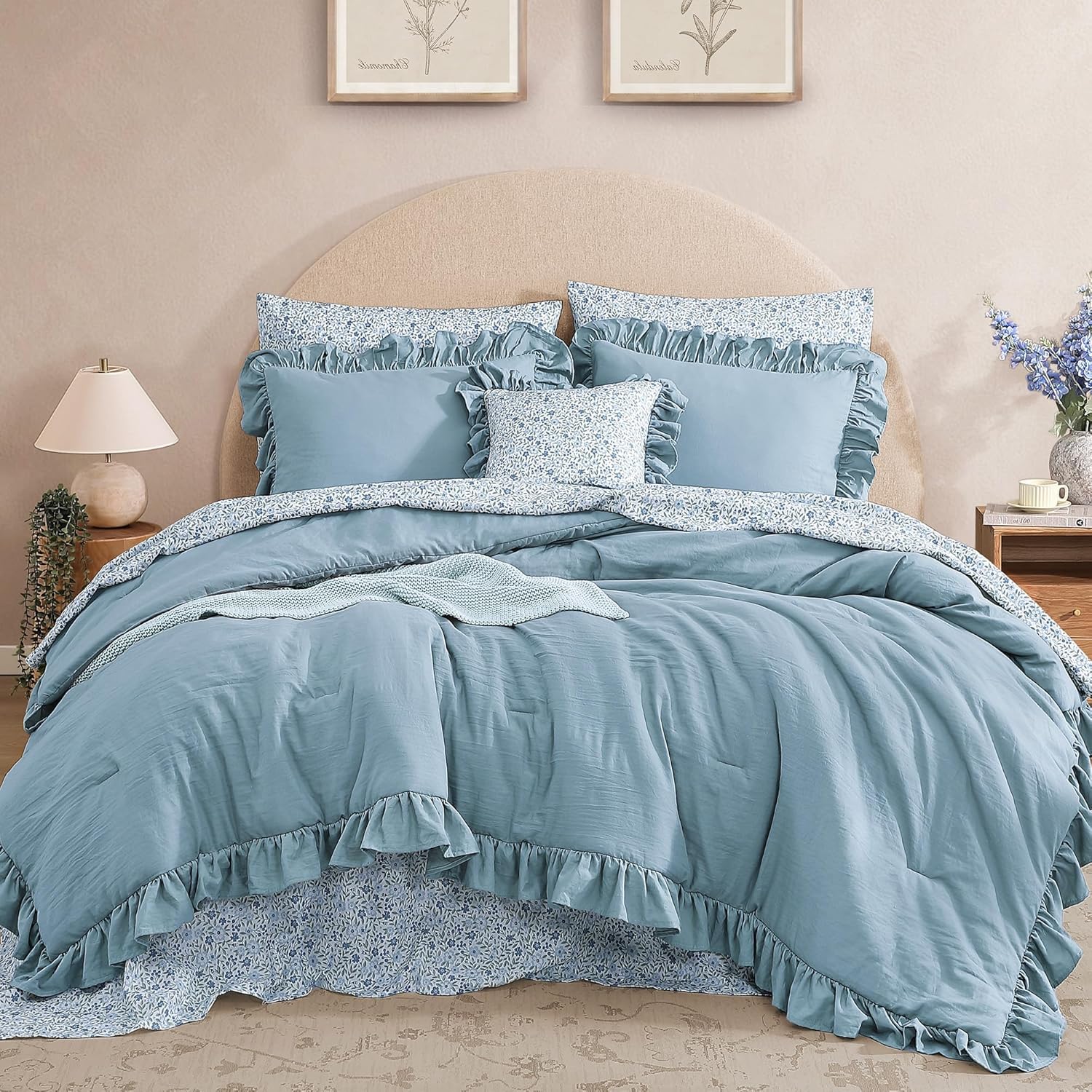 King Comforter Set - 7 Pieces Ruffle Sage Green Bedding Sets, Shabby Chic Farmhouse Bed in a Bag King with Ruffle Comforter, Floral Sheets, Pillowcases & Shams - Image 14