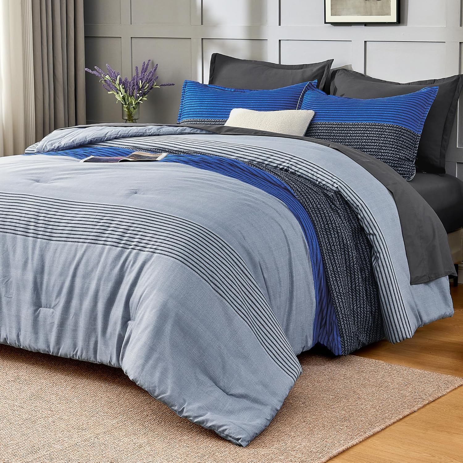 Andency Queen Comforter Set 7 Pieces Bed in a Bag - Black White Grey Striped Lightweight Soft Microfiber All Season Queen Size Bedding Set with Comforter, Fitted & Flat Sheet, Pillowcases & Shams - Image 8