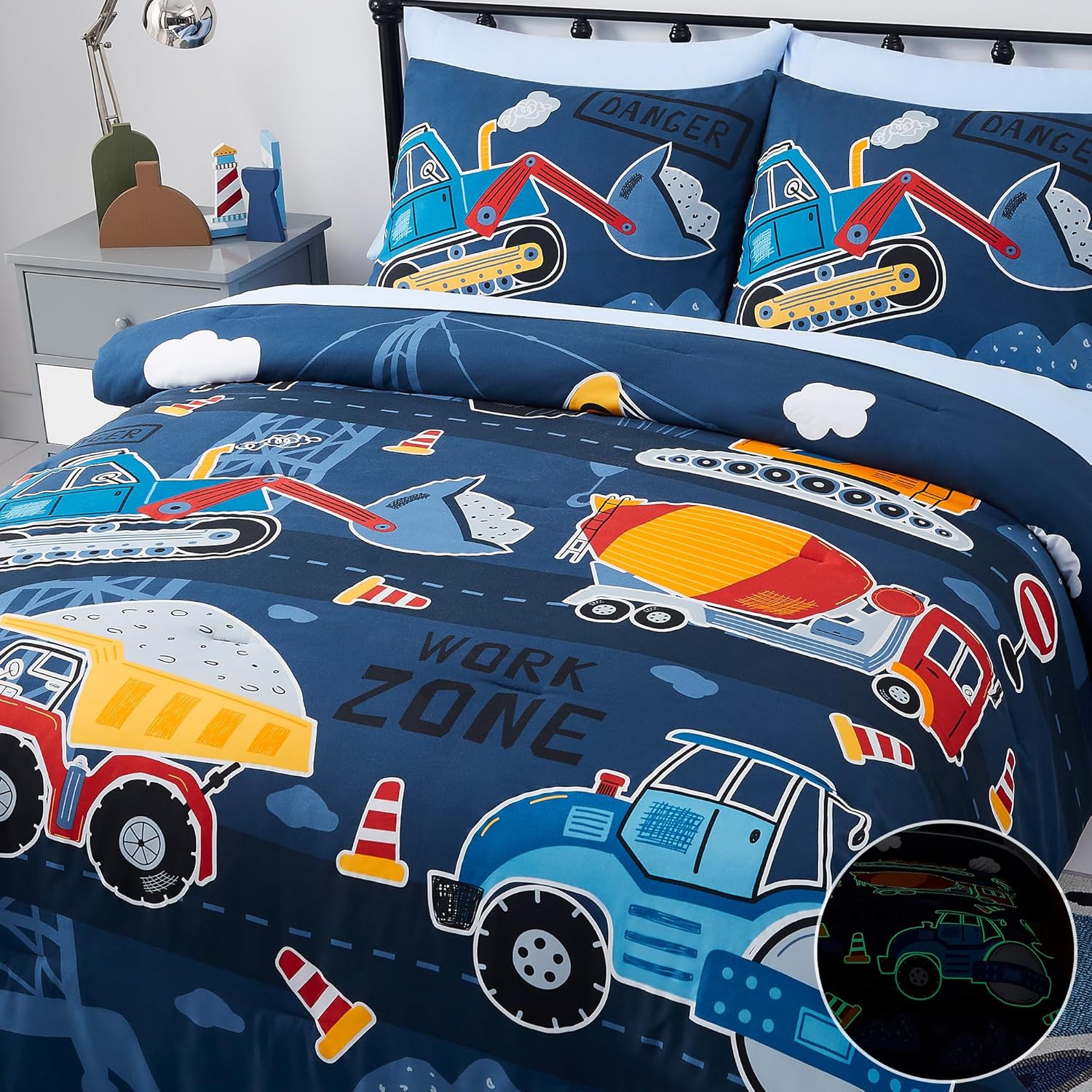 Full Kids Comforter Set - 7 Pieces Full Bedding Sets for Boys Teen, Glow in The Dark Truck Tractor Excavator Bed in A Bag with Sheets - Image 6