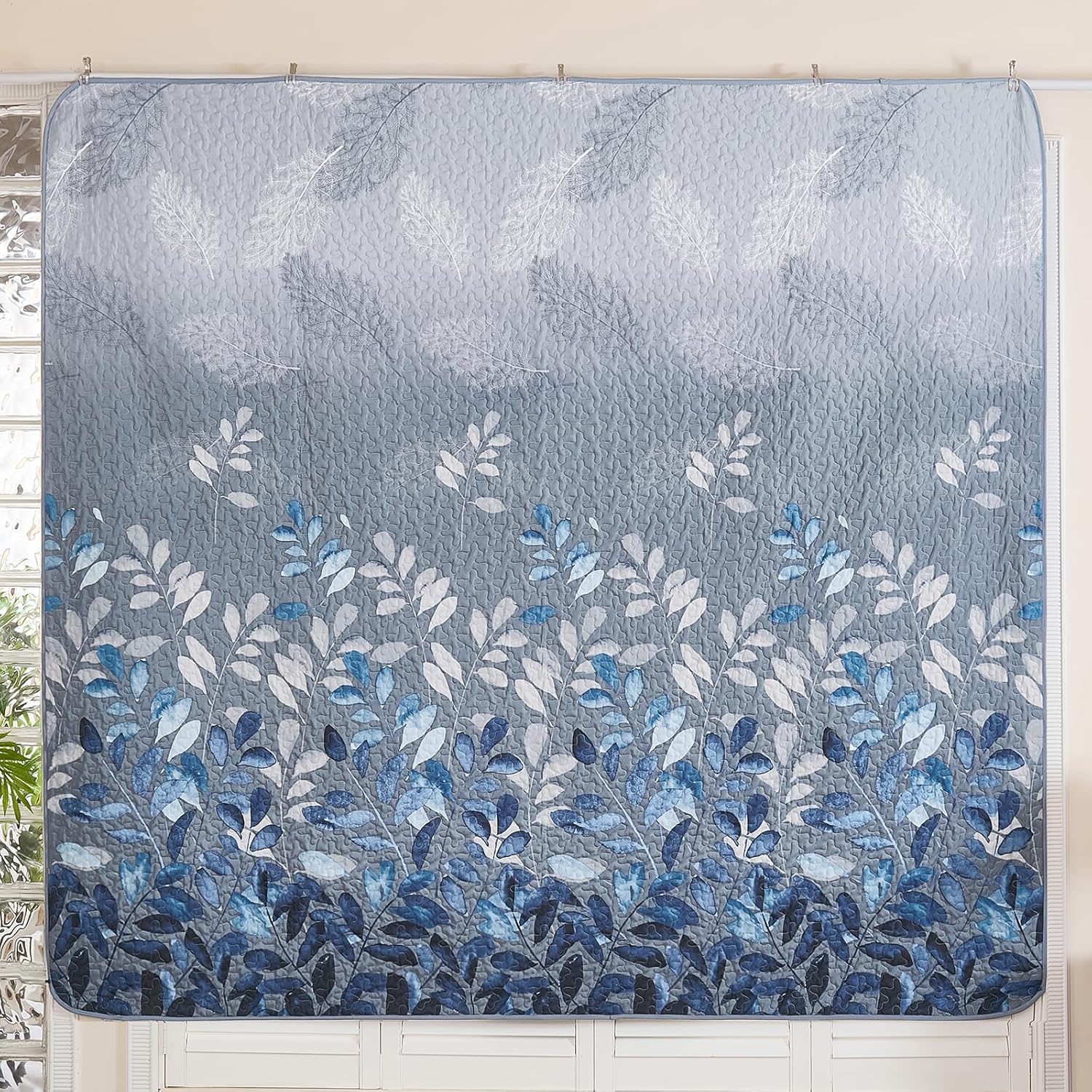 WONGS BEDDING Blue Quilt Set King Size,3 Pieces Navy Blue Floral Bedspread Coverlet Set with 2 Pillowcases,Soft Microfiber Lightweight Grayish Blue Gradient Floral Bedding Set 104"×90" - Image 4