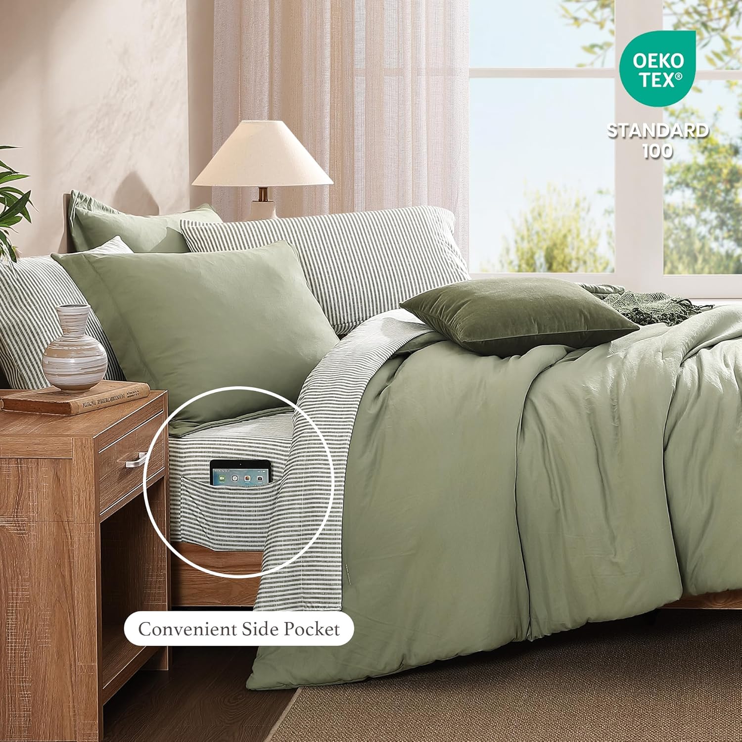 Monbix Queen Comforter Set - 7 Pieces Olive Green Prewashed Bed in a Bag Queen Bedding Sets with Comforters, All Seasons Ultra Soft Comforter Bed Set with Sheets,Pillowcases & Shams - Image 6